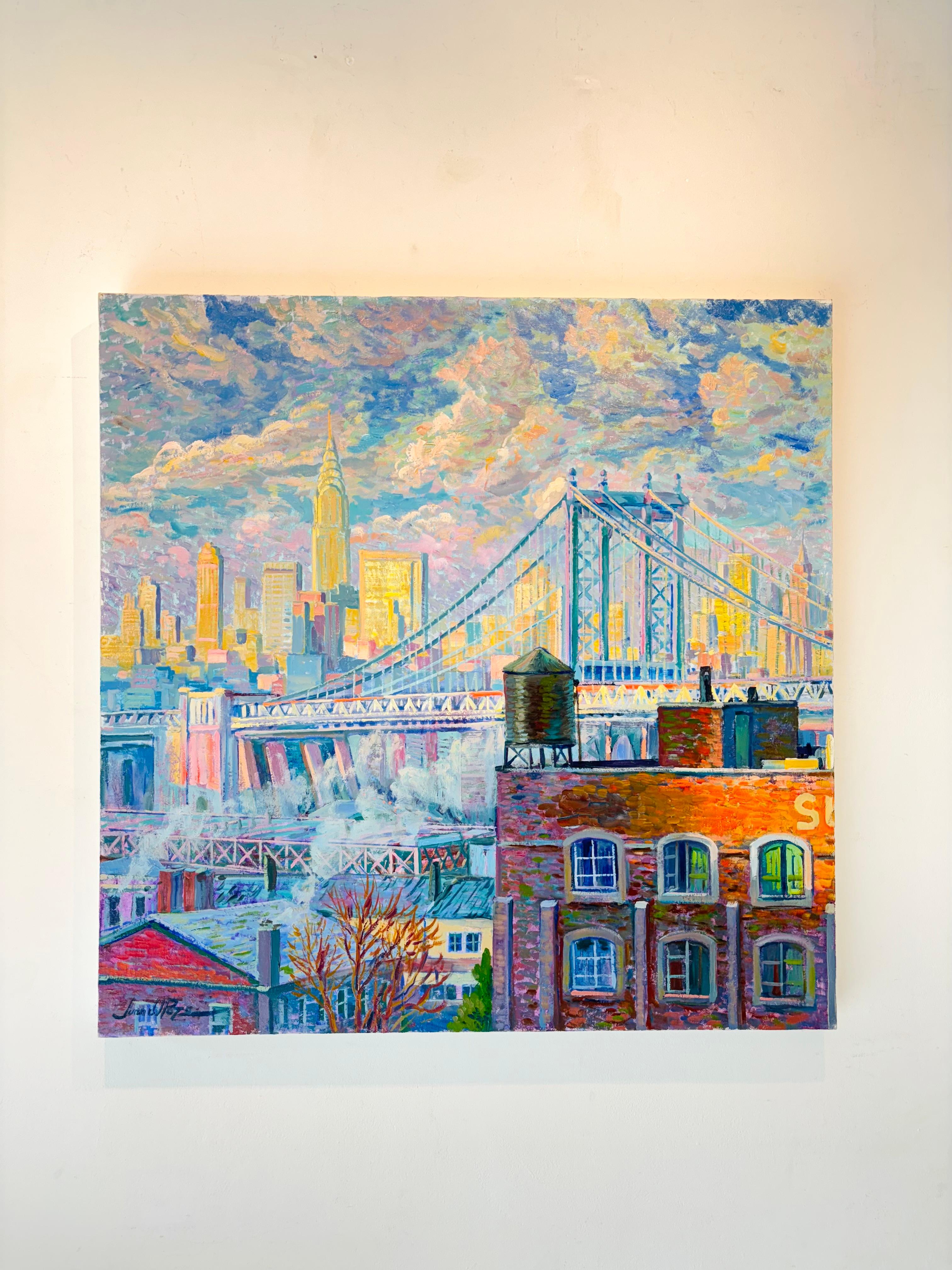Puente de Manhattan-opinión al óleo paisaje urbano impresionismo original-arte moderno - Painting Impresionista de Juan del Pozo