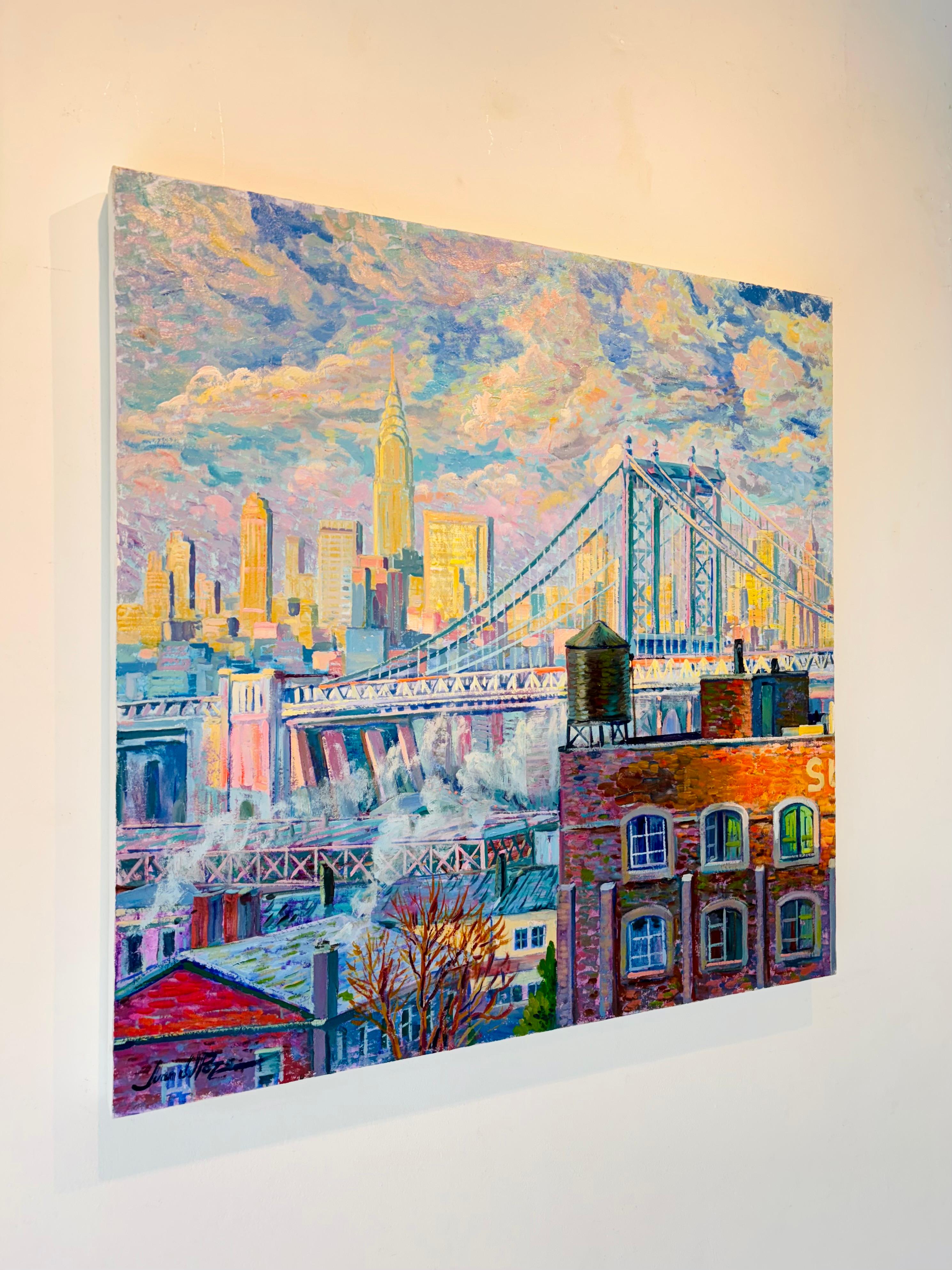 Puente de Manhattan-opinión al óleo paisaje urbano impresionismo original-arte moderno - Still-Life Painting Azul de Juan del Pozo