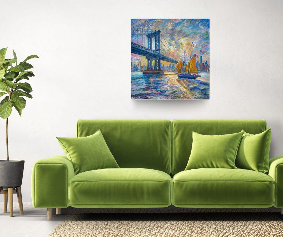 Manhattan Sailboat - original impressionism cityscape painting- contemporary art - Painting by Juan del Pozo