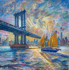Barca a vela di Manhattan - dipinto originale impressionista di paesaggio urbano - arte contemporanea