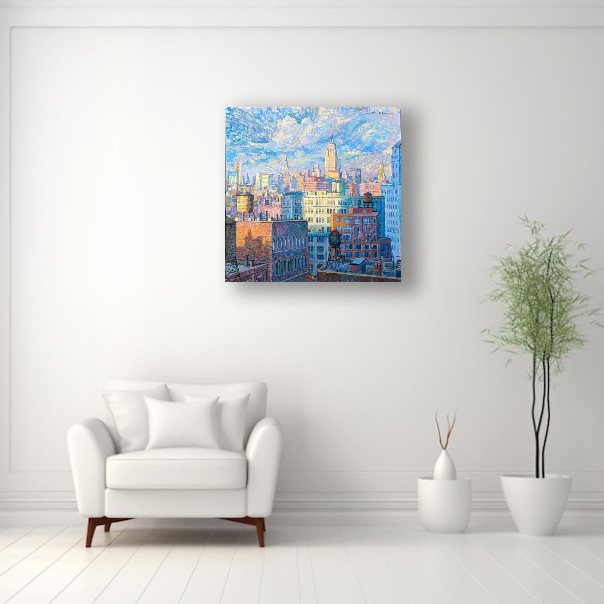 Serbatoi d'acqua di Manhattan - pittura ad olio originale impressionista di paesaggi urbani - arte moderna - Painting di Juan del Pozo
