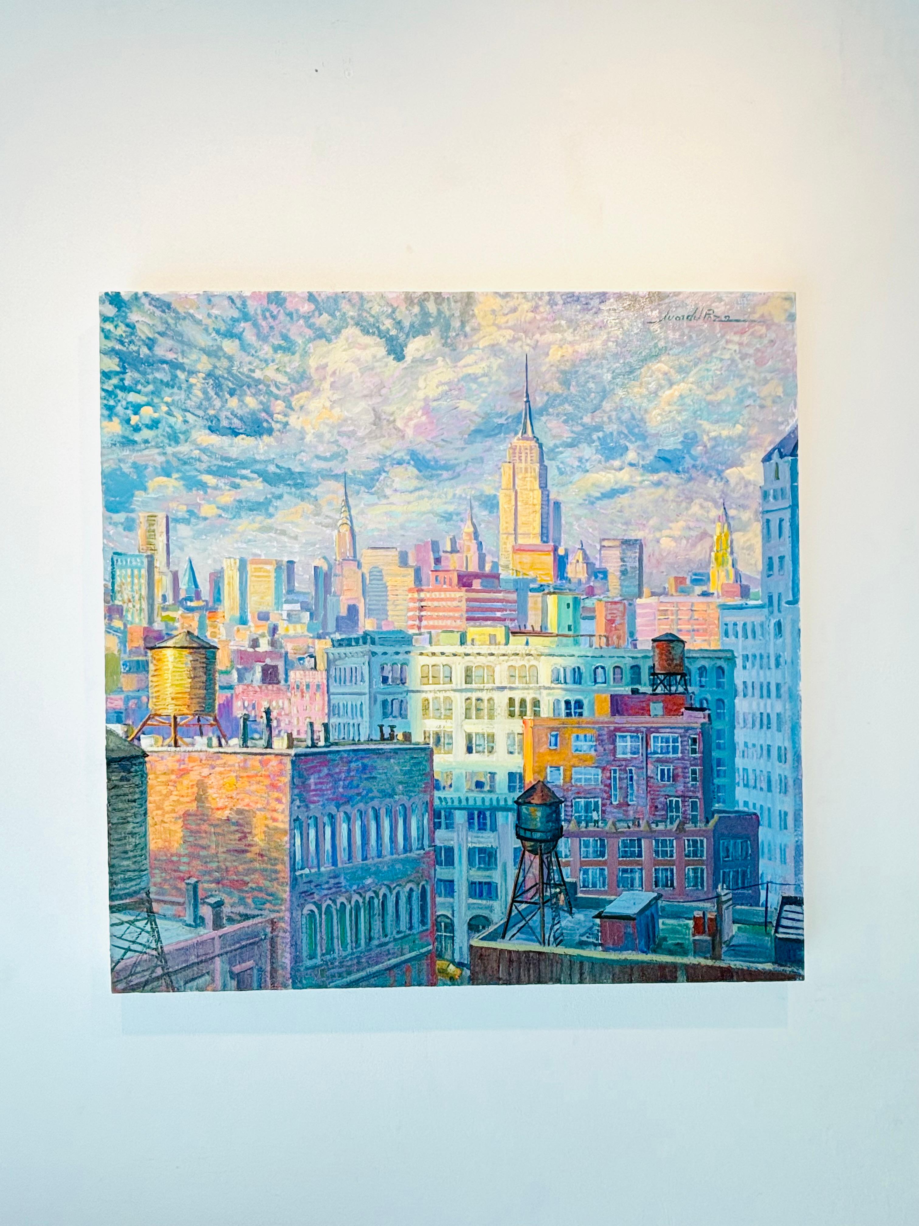 Serbatoi d'acqua di Manhattan - pittura ad olio originale impressionista di paesaggi urbani - arte moderna - Painting Impressionismo di Juan del Pozo