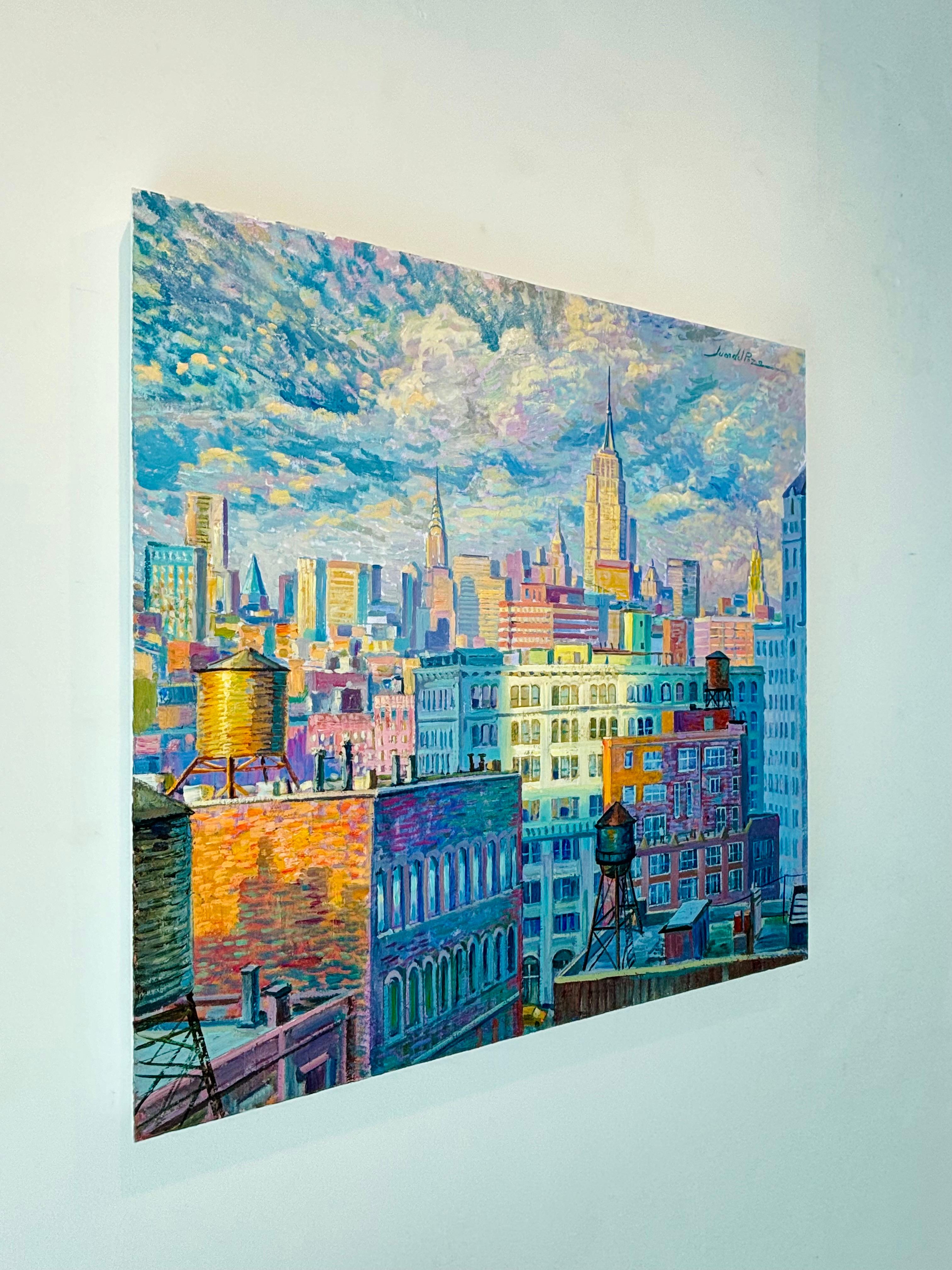 Serbatoi d'acqua di Manhattan - pittura ad olio originale impressionista di paesaggi urbani - arte moderna - Still-Life Painting Blu di Juan del Pozo