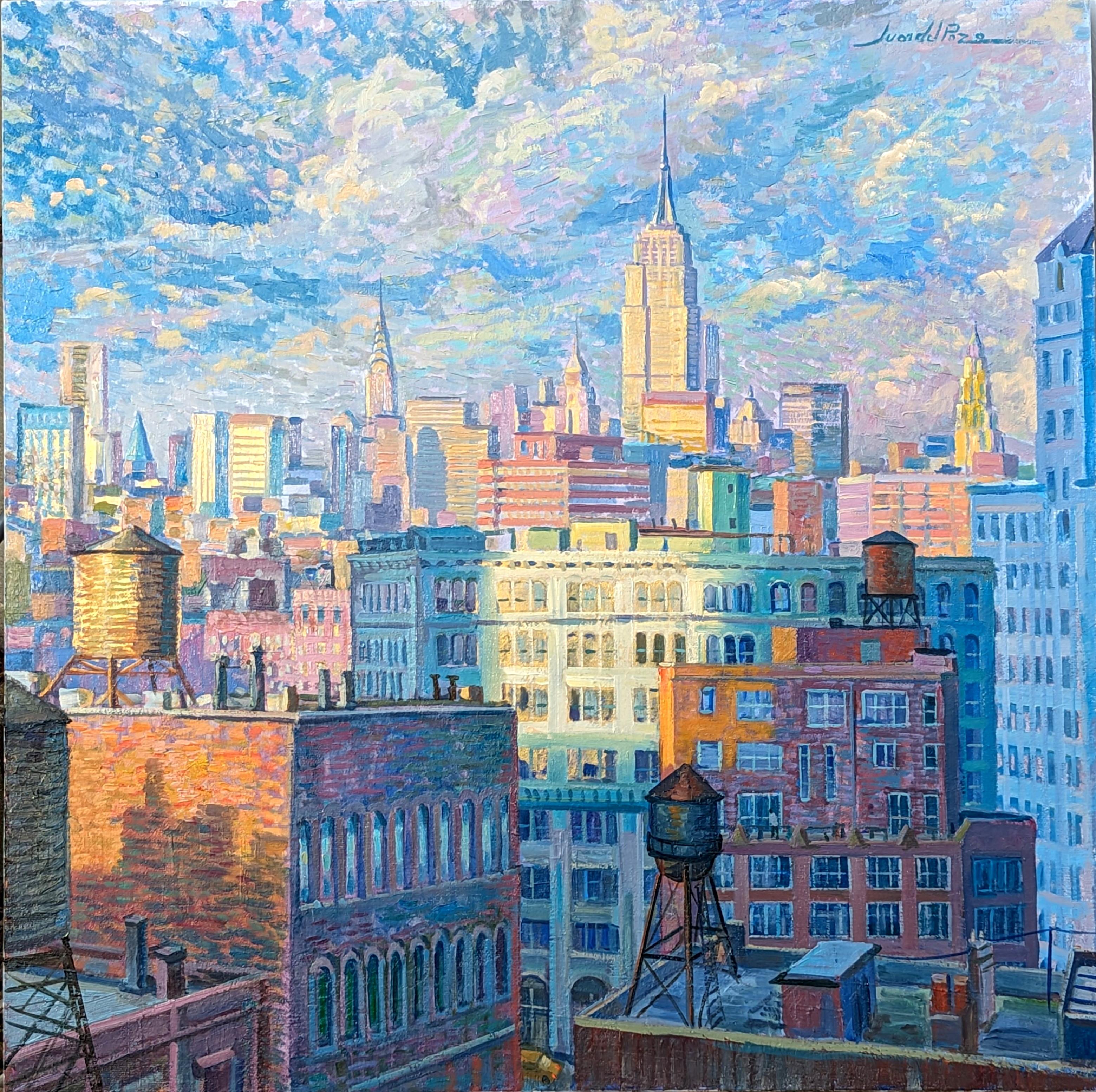 Still-Life Painting di Juan del Pozo - Serbatoi d'acqua di Manhattan - pittura ad olio originale impressionista di paesaggi urbani - arte moderna
