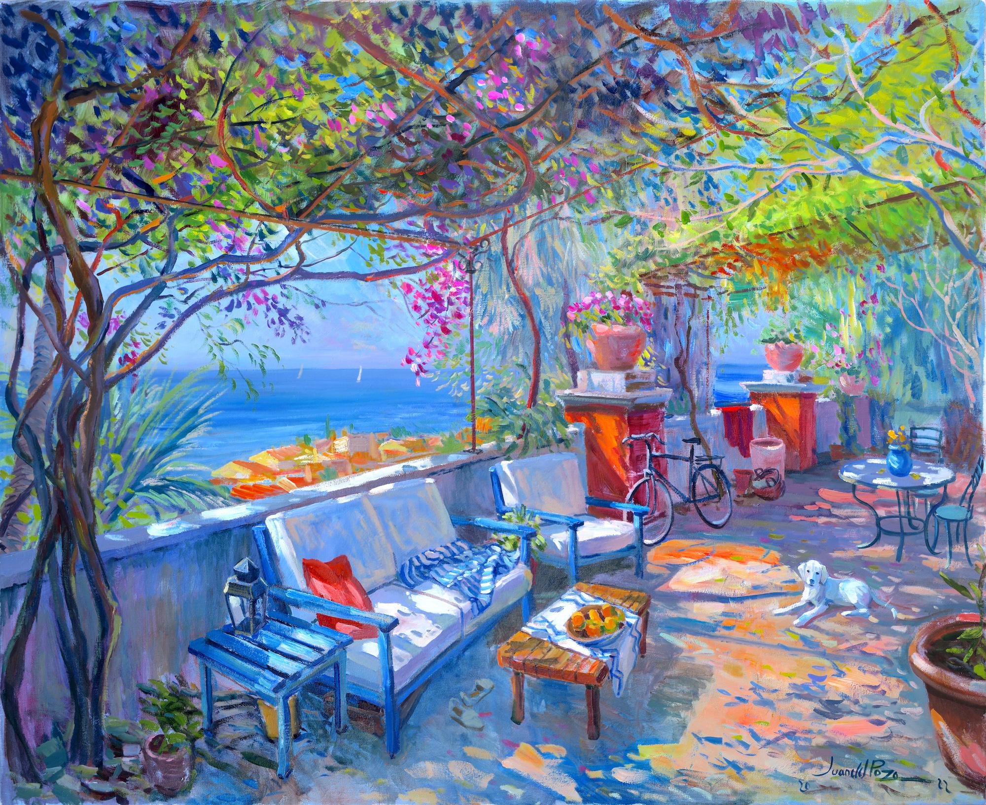 Juan del Pozo Landscape Painting - Mediterranean Terrace-original impressionism floral landscape oil painting- art