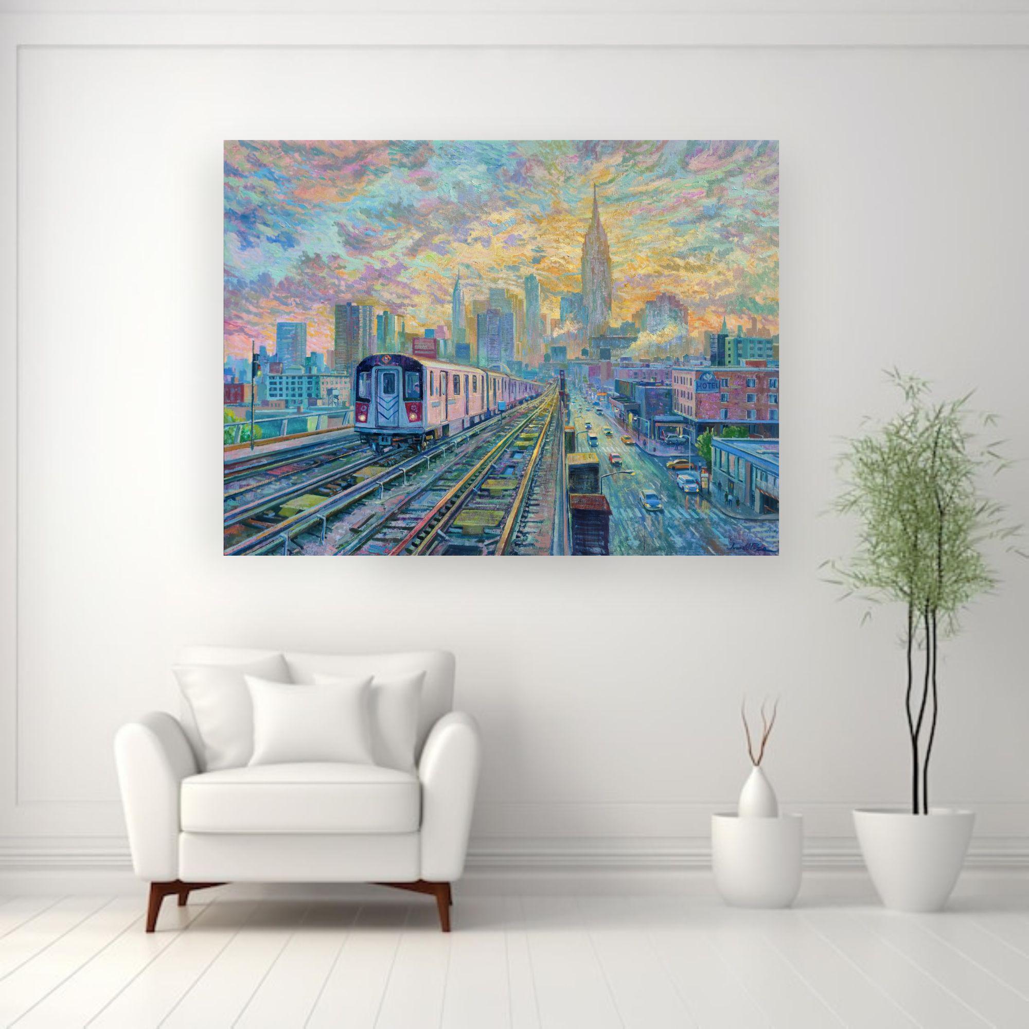 New York Railway -original cityscape impressionism oil painting-contemporary art - Impressionist Painting by Juan del Pozo