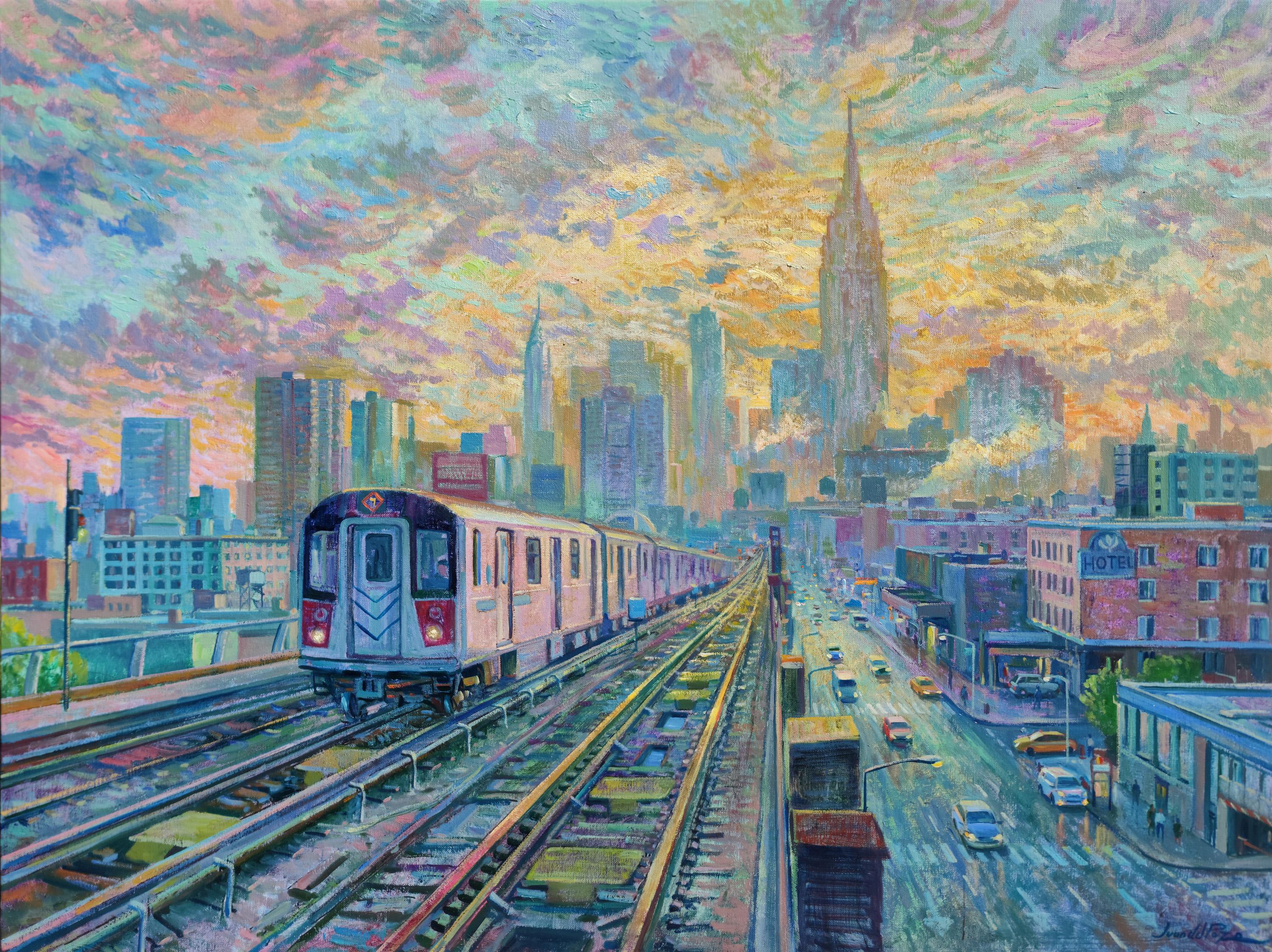 New York Railway -original cityscape impressionism oil painting-contemporary art - Painting by Juan del Pozo