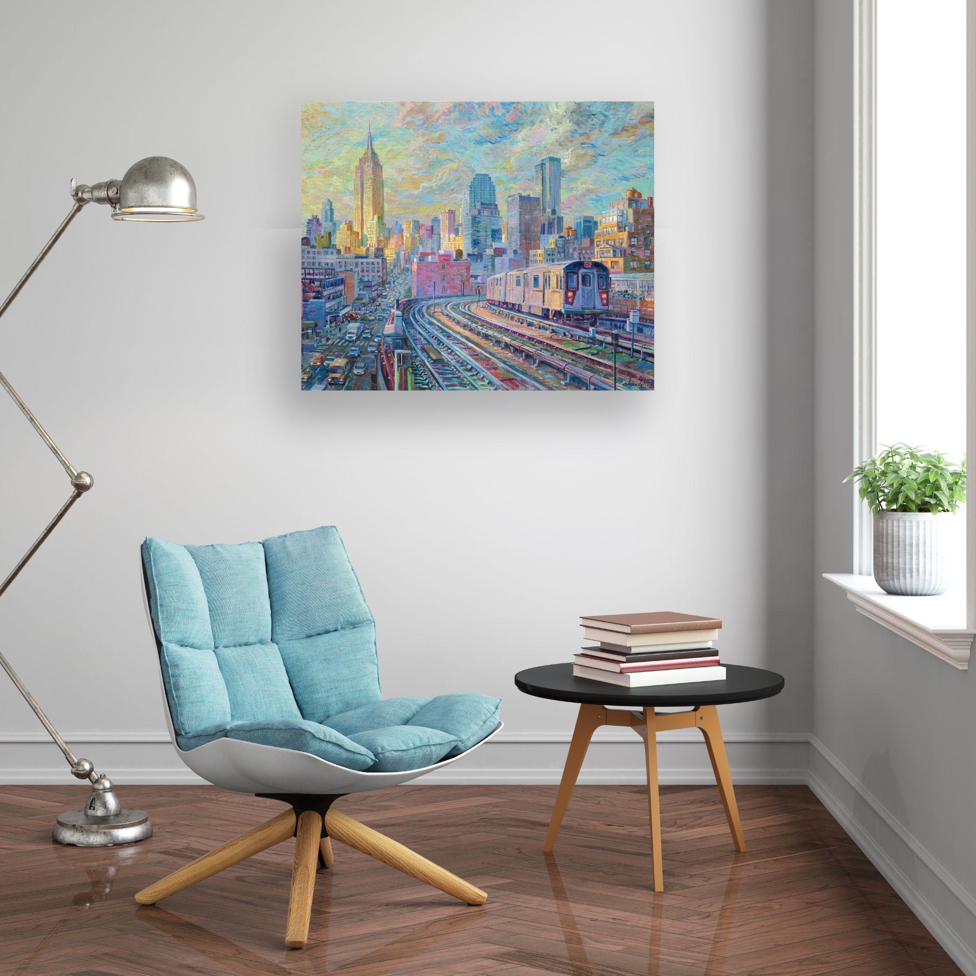 NYC train-original contemporary impressionism art-cityscape oil painting artwork - Painting by Juan del Pozo