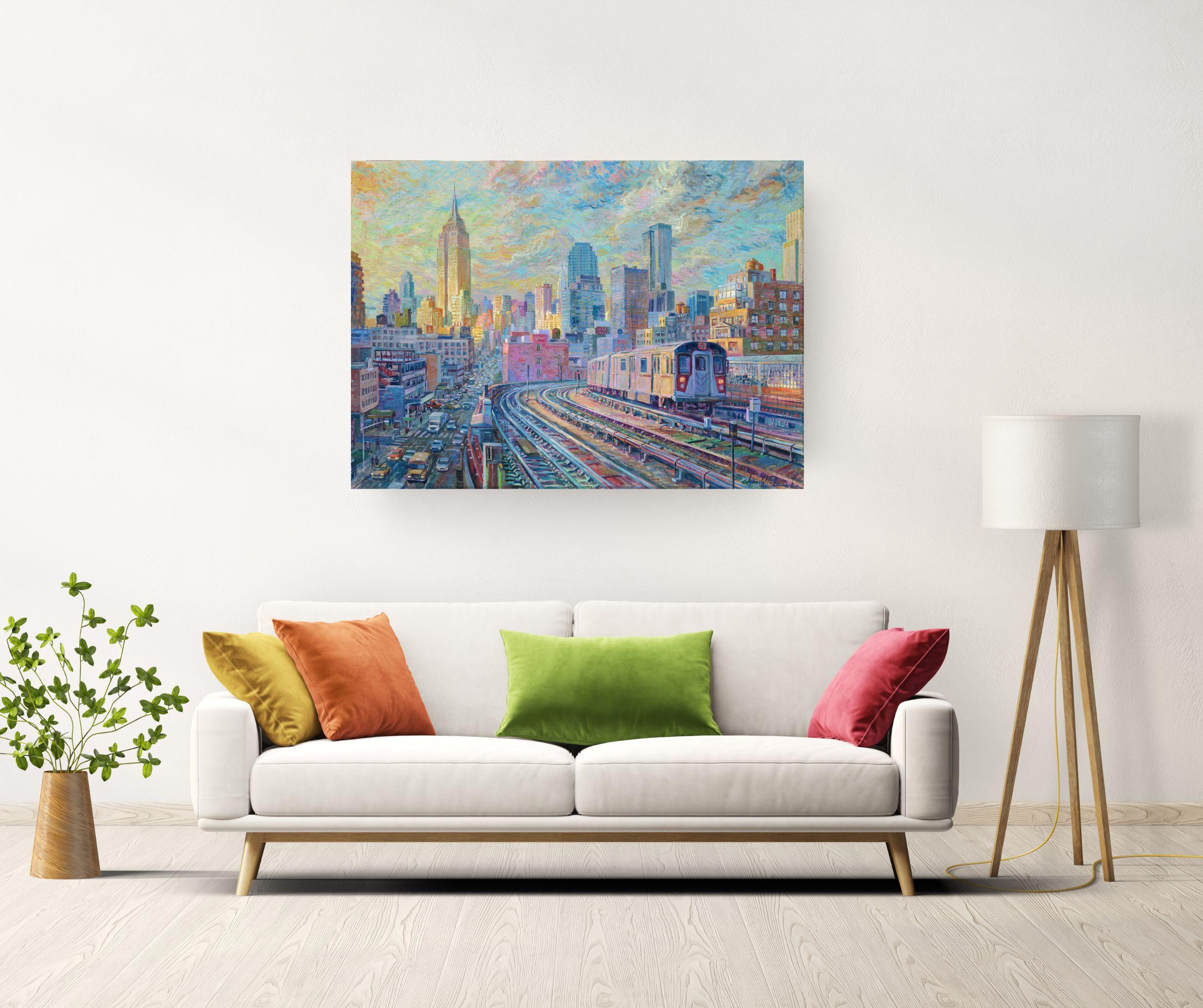 NYC tren-arte impresionismo contemporáneo original-obra de arte pintura al óleo paisaje urbano - Painting de Juan del Pozo