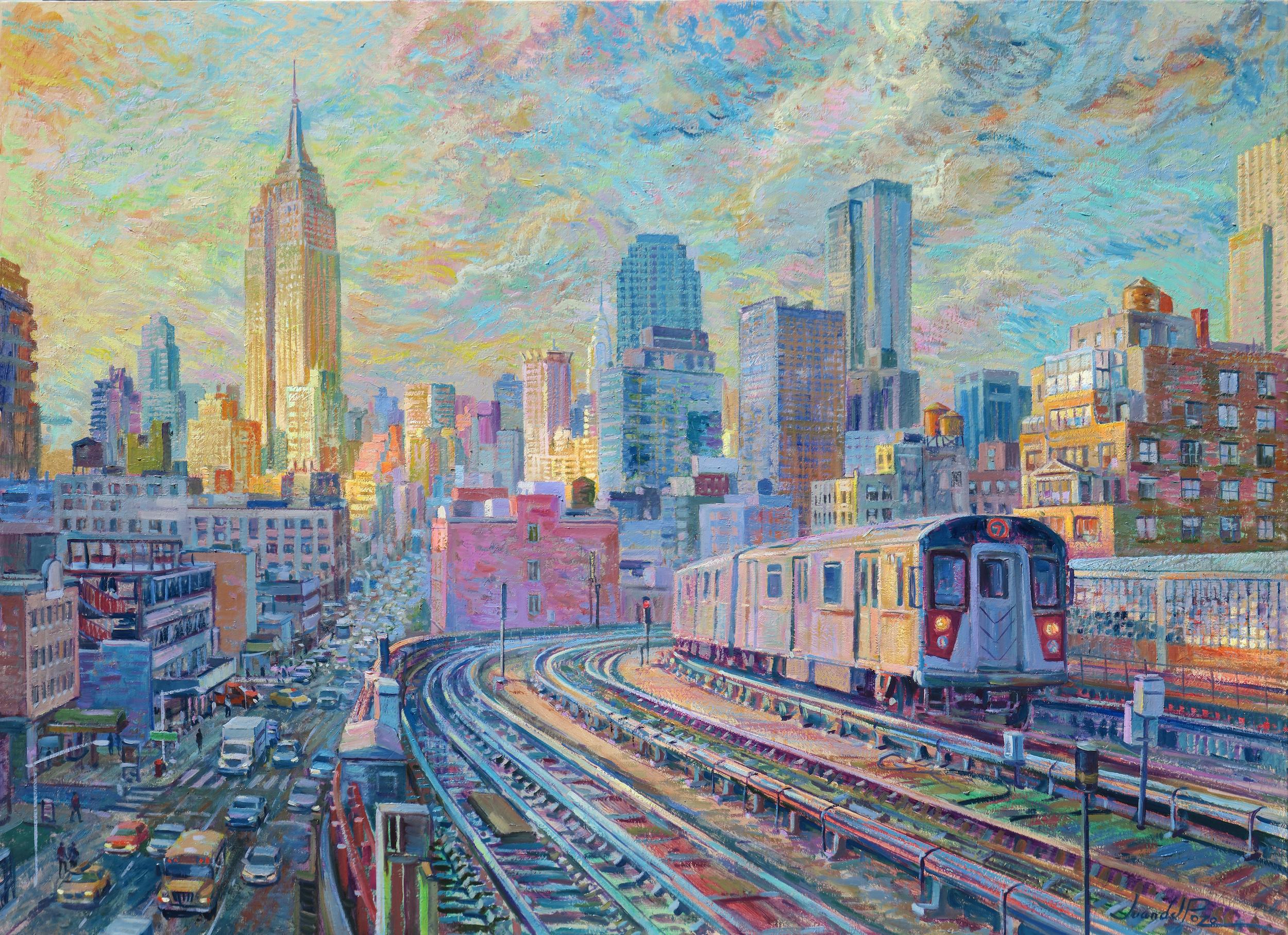 Juan del Pozo Still-Life Painting - NYC train-original contemporary impressionism art-cityscape oil painting artwork