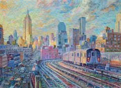 Treno di New York - arte impressionista contemporanea originale - pittura ad olio di un paesaggio urbano