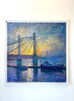 Paysage urbain impressionniste original : Le soleil sur le pont Albert, 80 x 80 cm