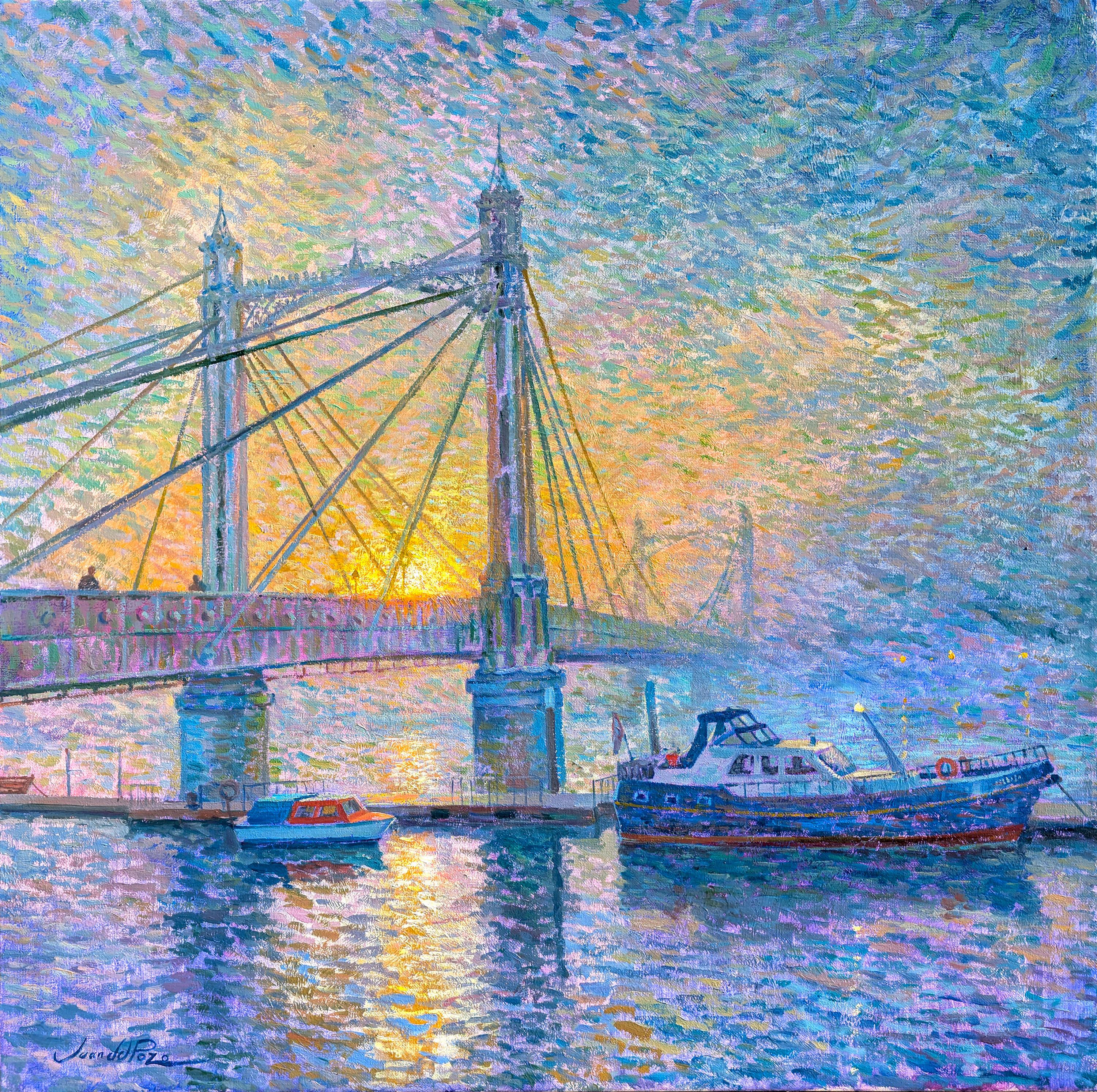 Original Impressionist Cityscape: The Sun on Albert Bridge, 80x80 cm