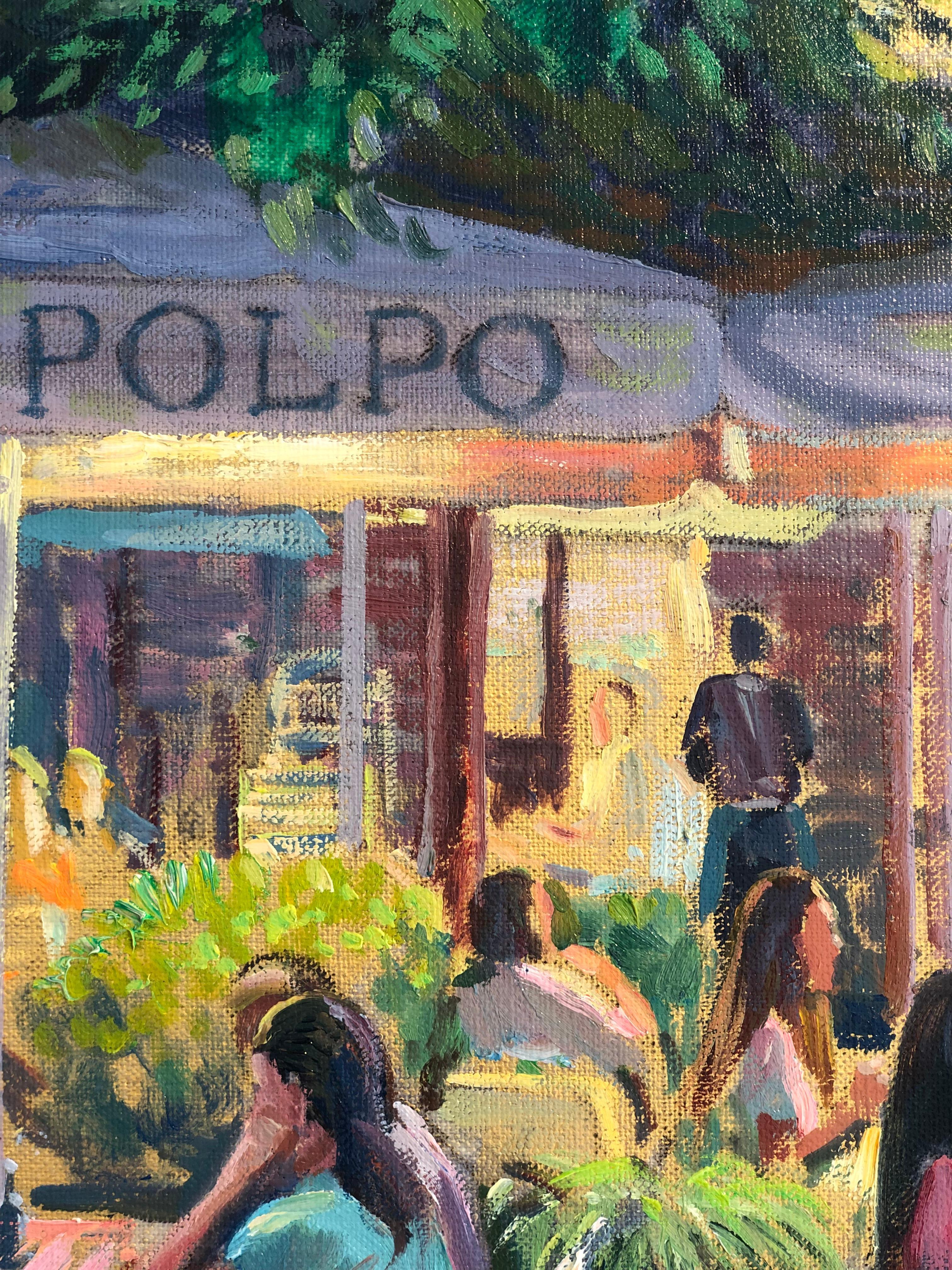 This original oil painting depicts a popular Chelsea restaurant scene and is created by Juan Del Pozo who paints in a reviving modern impressionist style. The artist uses vibrant, pastel hues which enliven a dim night sky that is  magically