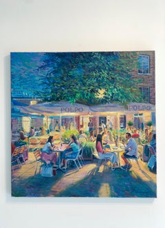 Poplo Night, Londra - pittura ad olio originale impressionista figurativa di un paesaggio urbano - Arte