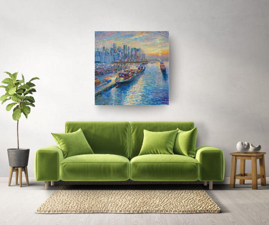 Port de Singapour - peinture à l'huile originale d'un paysage urbain - œuvre d'art contemporain - Painting de Juan del Pozo