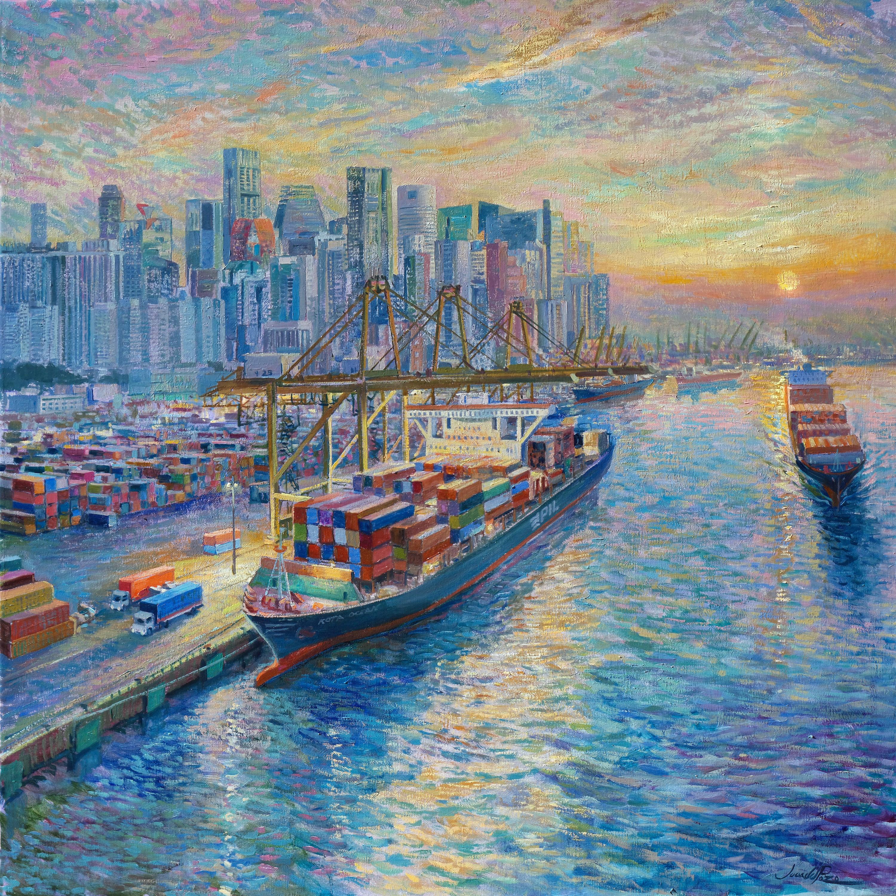 Landscape Painting Juan del Pozo - Port de Singapour - peinture à l'huile originale d'un paysage urbain - œuvre d'art contemporain