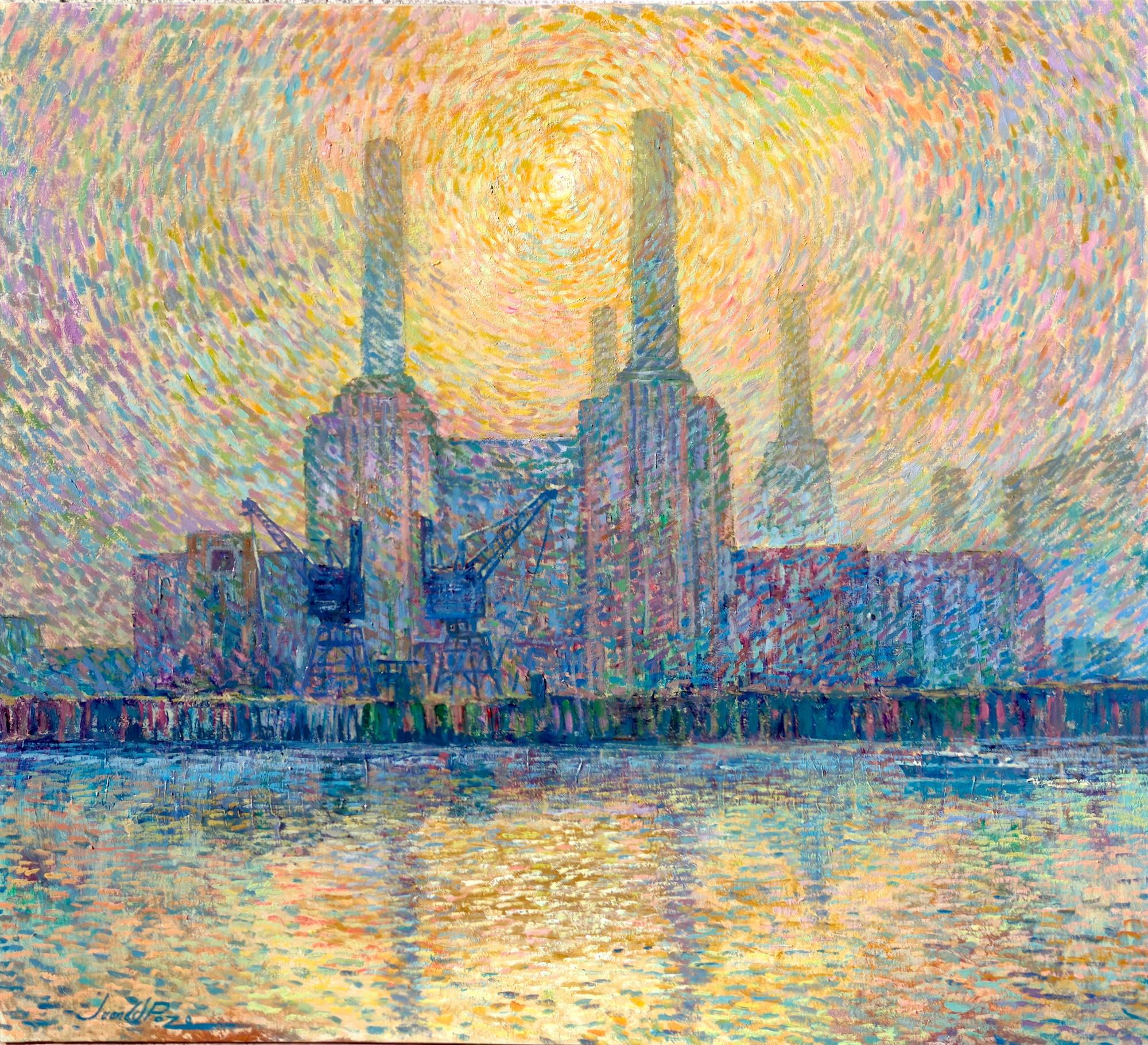 Juan del Pozo Landscape Painting - Power Station Sun-original impressionism cityscape oil painting-contemporary Art