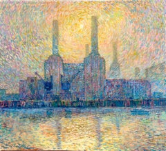 Sol de la central eléctrica-Pintura al óleo de paisaje urbano del impresionismo original-Arte contemporáneo