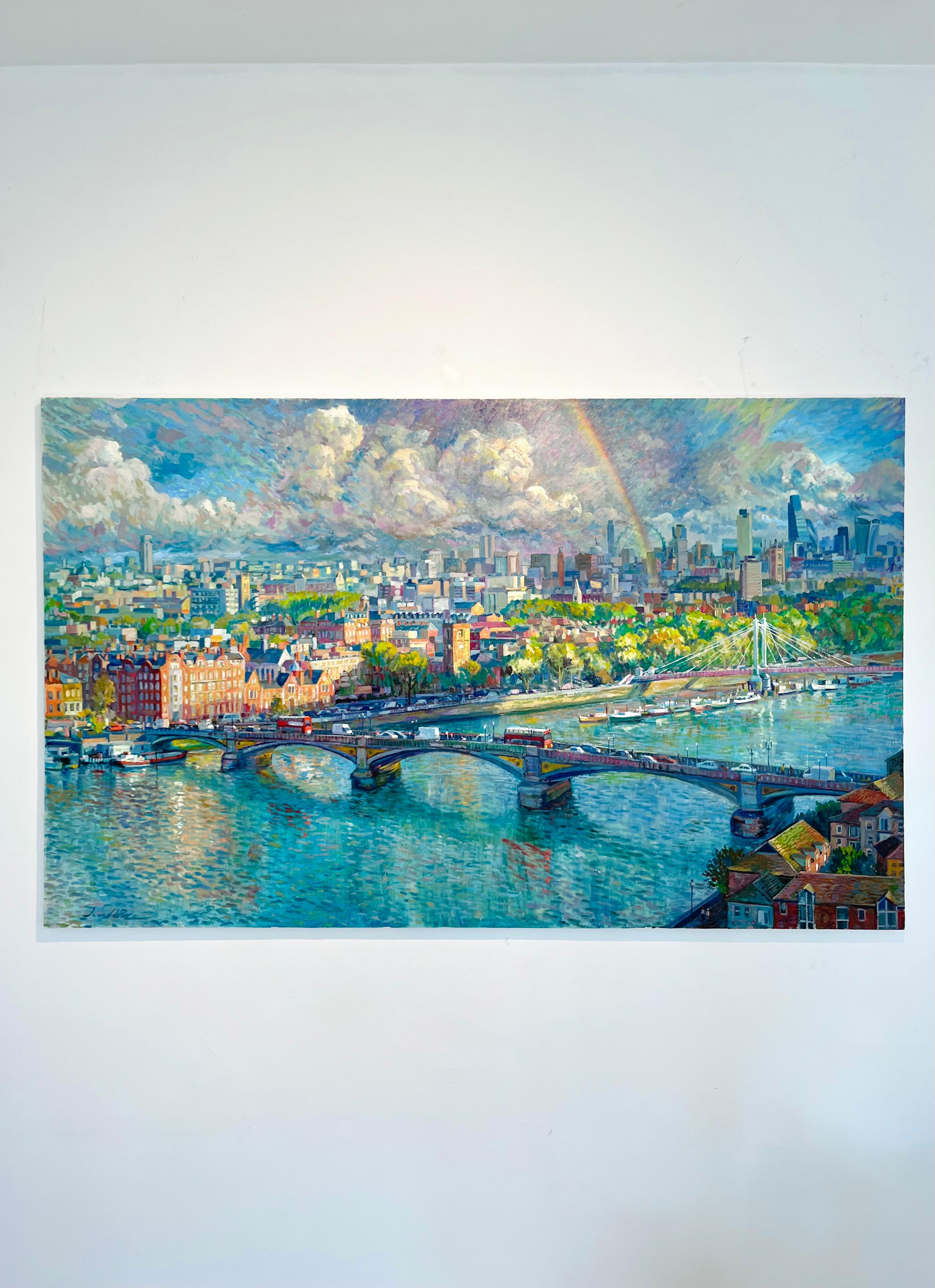 Rainbow London - original impressionism London cityscape oil painting-modern art - Painting by Juan del Pozo