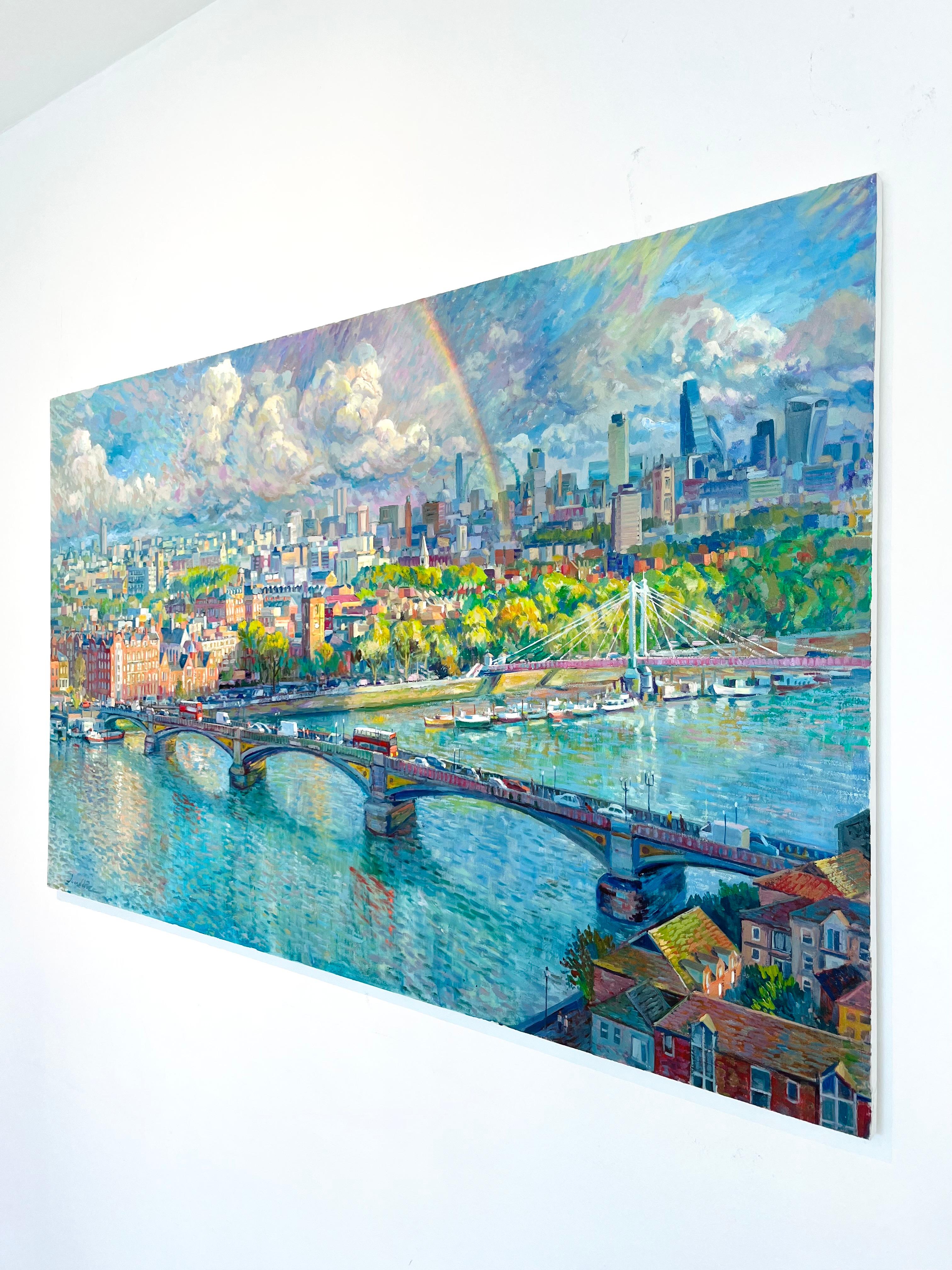 Rainbow London - original impressionism London cityscape oil painting-modern art For Sale 1