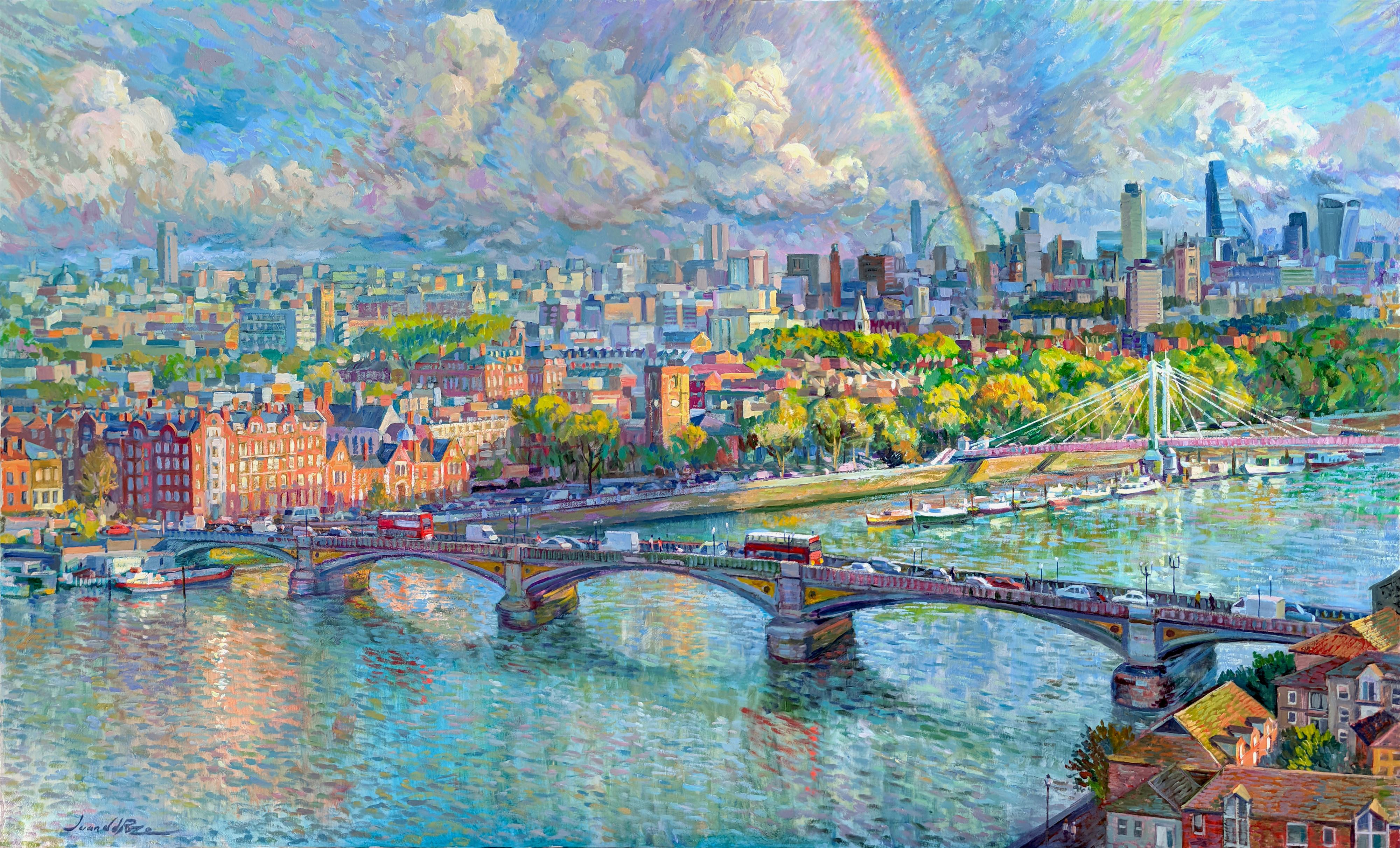 Juan del Pozo Abstract Painting - Rainbow London - original impressionism London cityscape oil painting-modern art