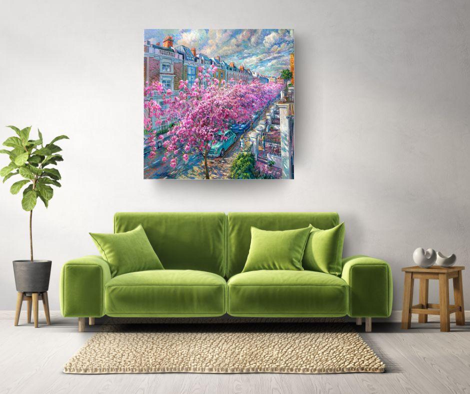 Red Cliff Blossoms - original Londoner Impressionismus Stadtbild Ölgemälde – Painting von Juan del Pozo