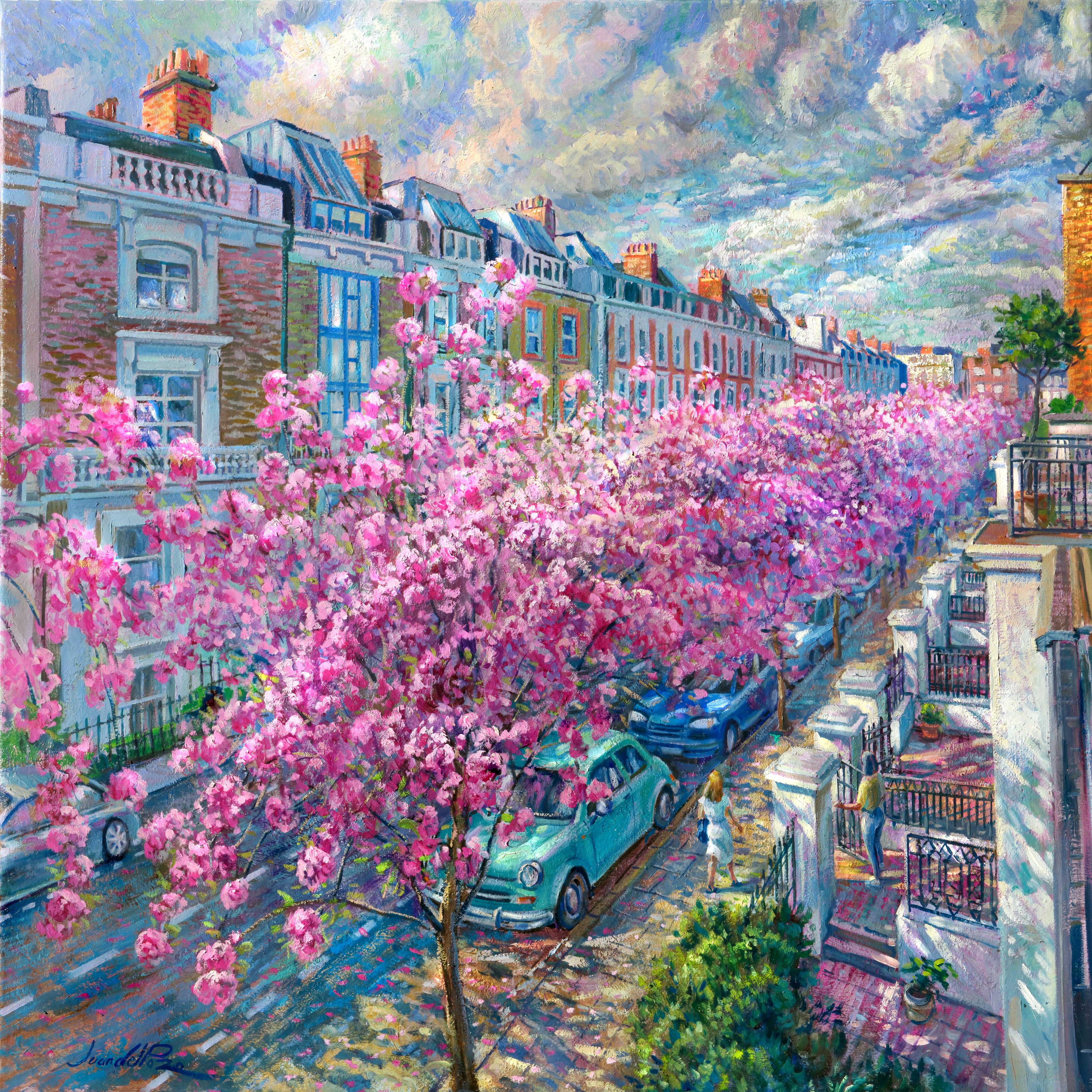 Juan del Pozo Landscape Painting – Red Cliff Blossoms - original Londoner Impressionismus Stadtbild Ölgemälde