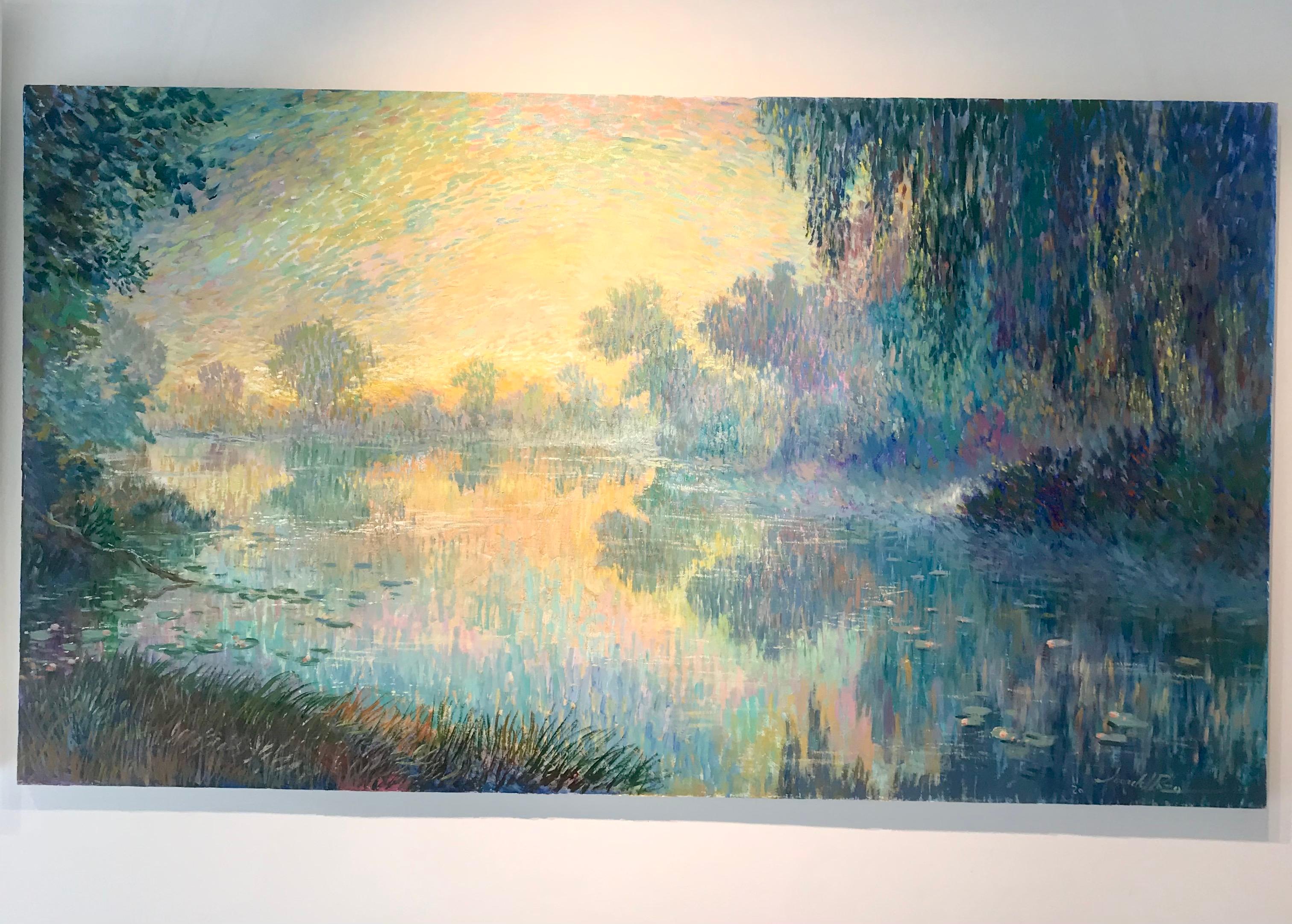 Reflecting Lights - Impressionist oil painting modern flora landscape waterscape - Painting by Juan del Pozo