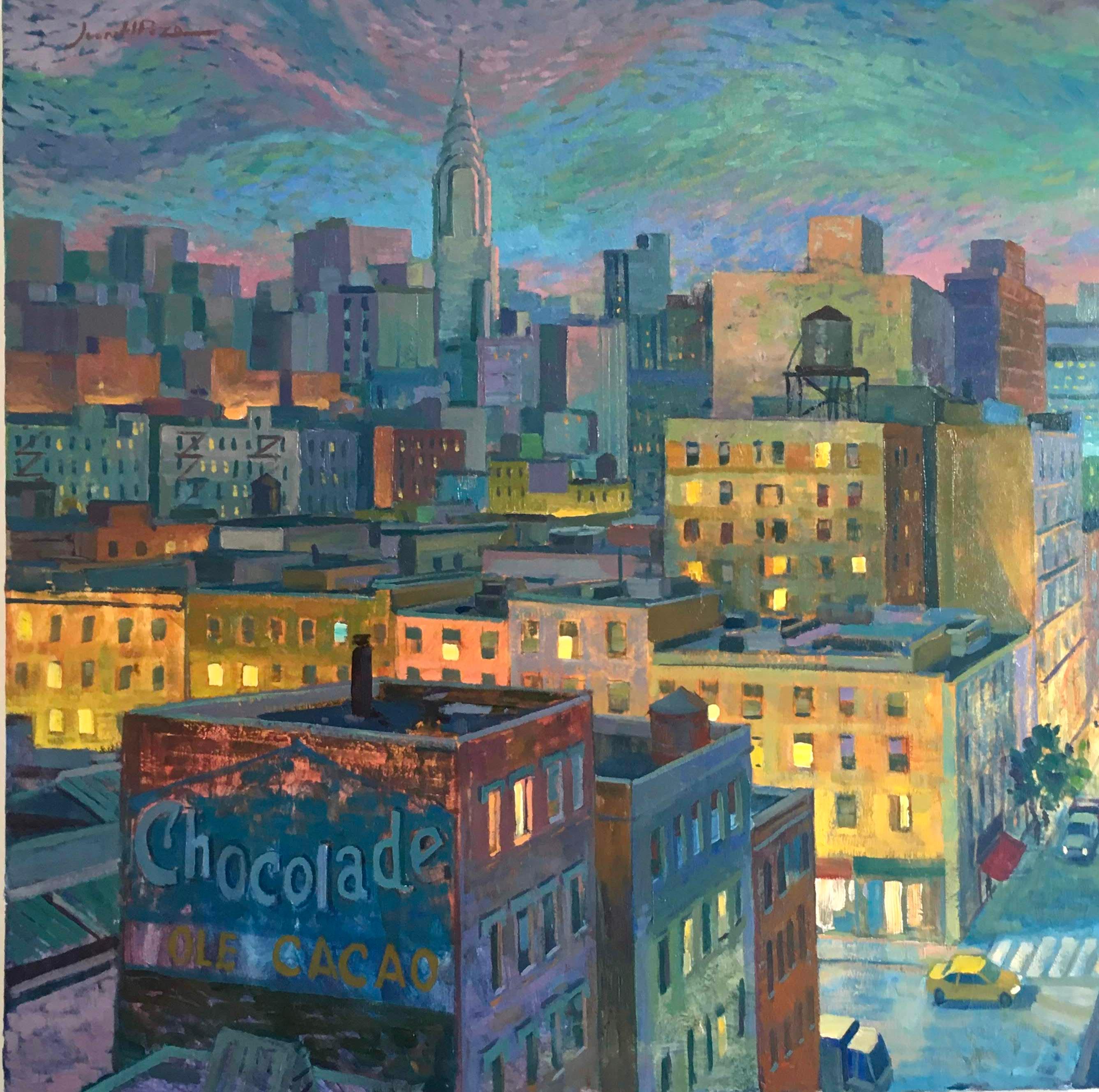 Rooftop Nights - New York original city landscape painting Contemporary Art 21st - Painting by Juan del Pozo