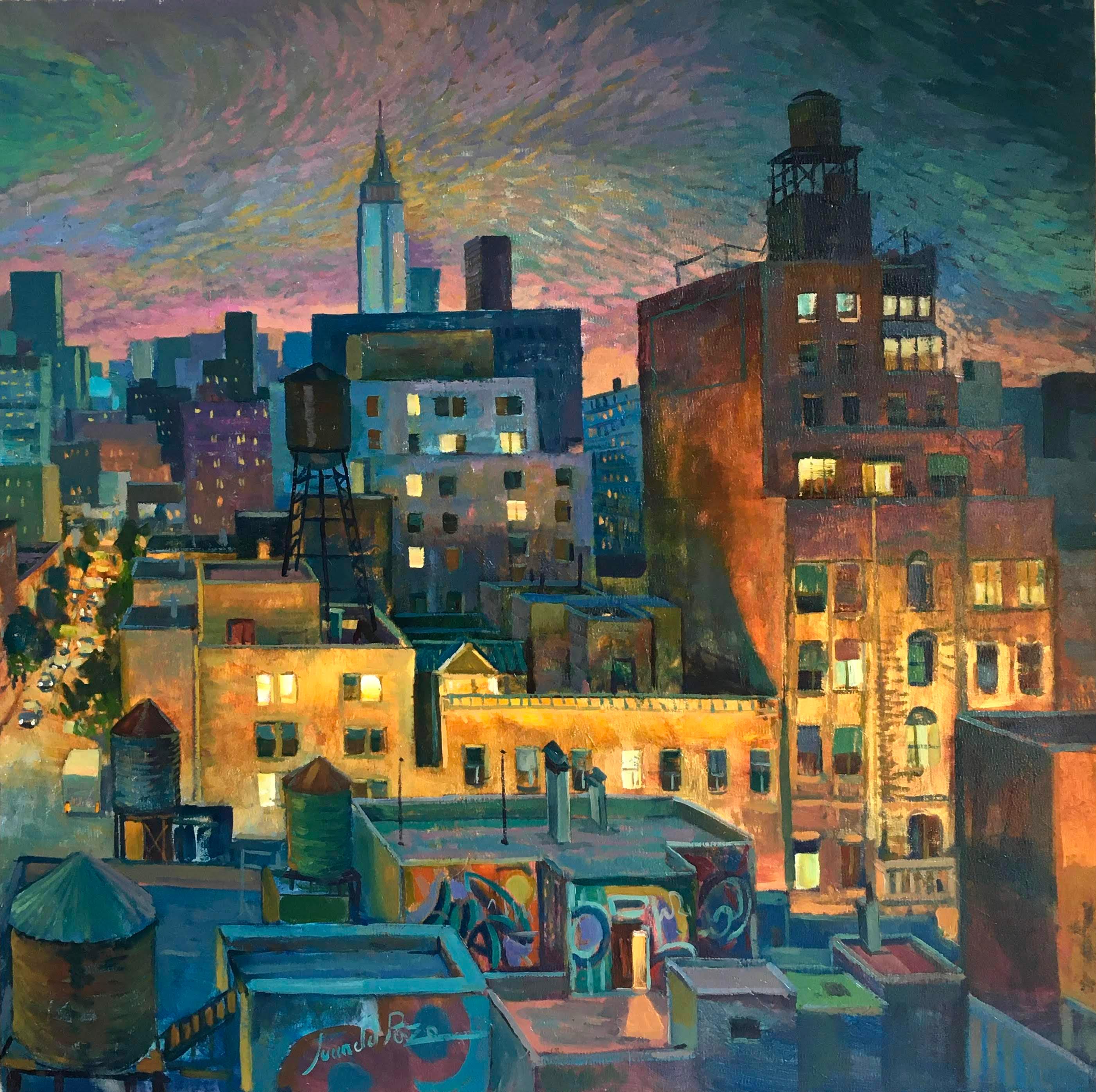 Rooftop Nights - New York original city landscape painting Contemporary Art 21st - Post-Impressionist Painting by Juan del Pozo
