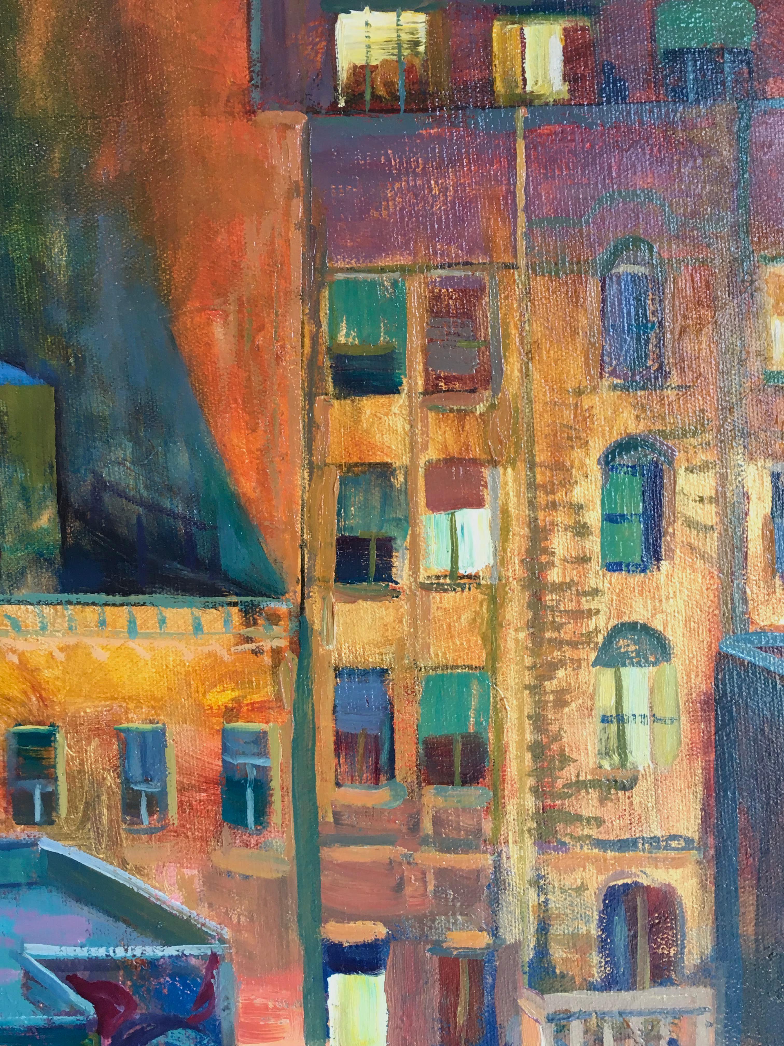 Rooftop Nights - New York original city landscape painting Contemporary Art 21st - Gray Landscape Painting by Juan del Pozo
