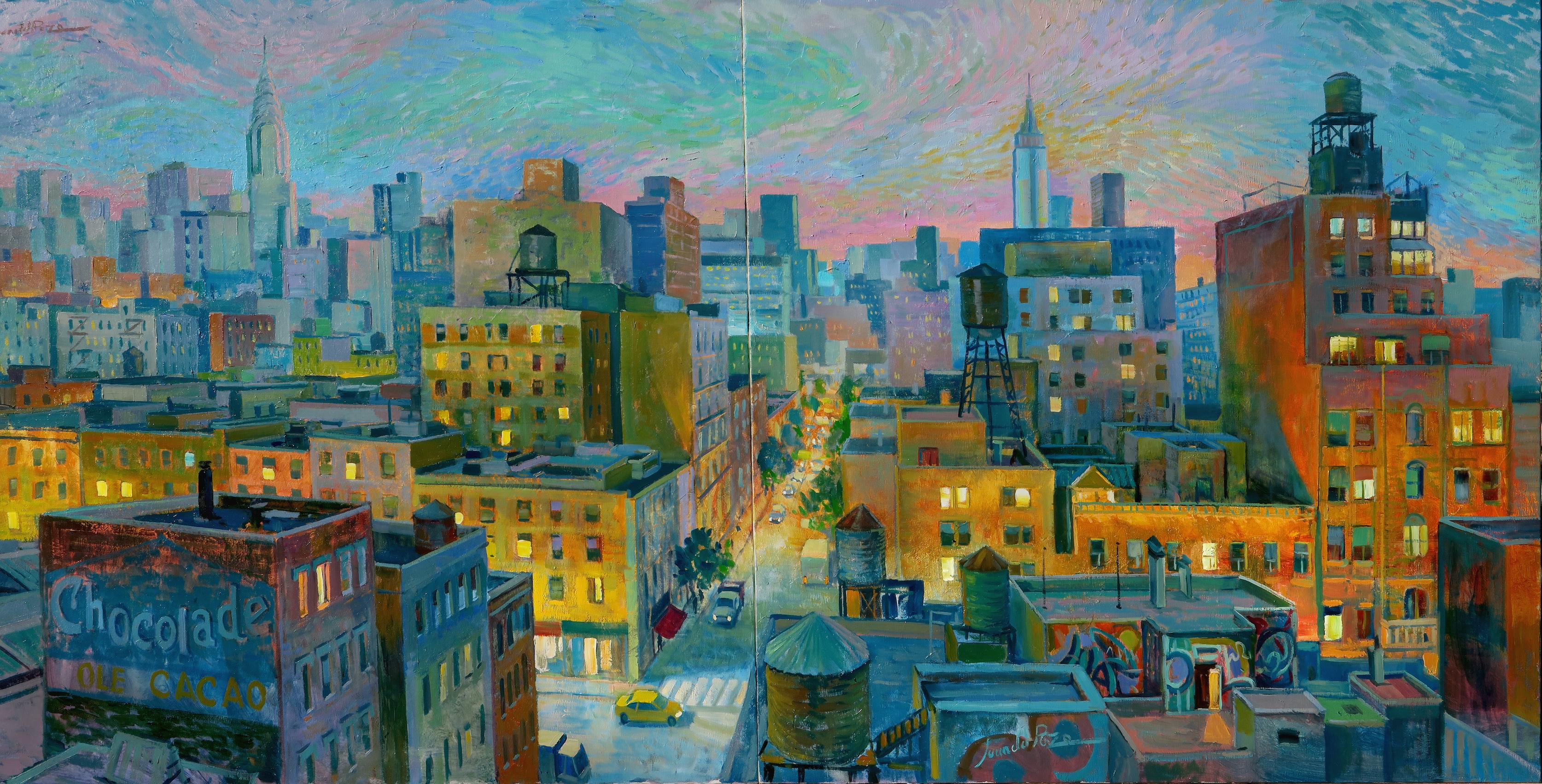 Juan del Pozo Landscape Painting - Rooftop Nights - New York original city landscape painting Contemporary Art 21st