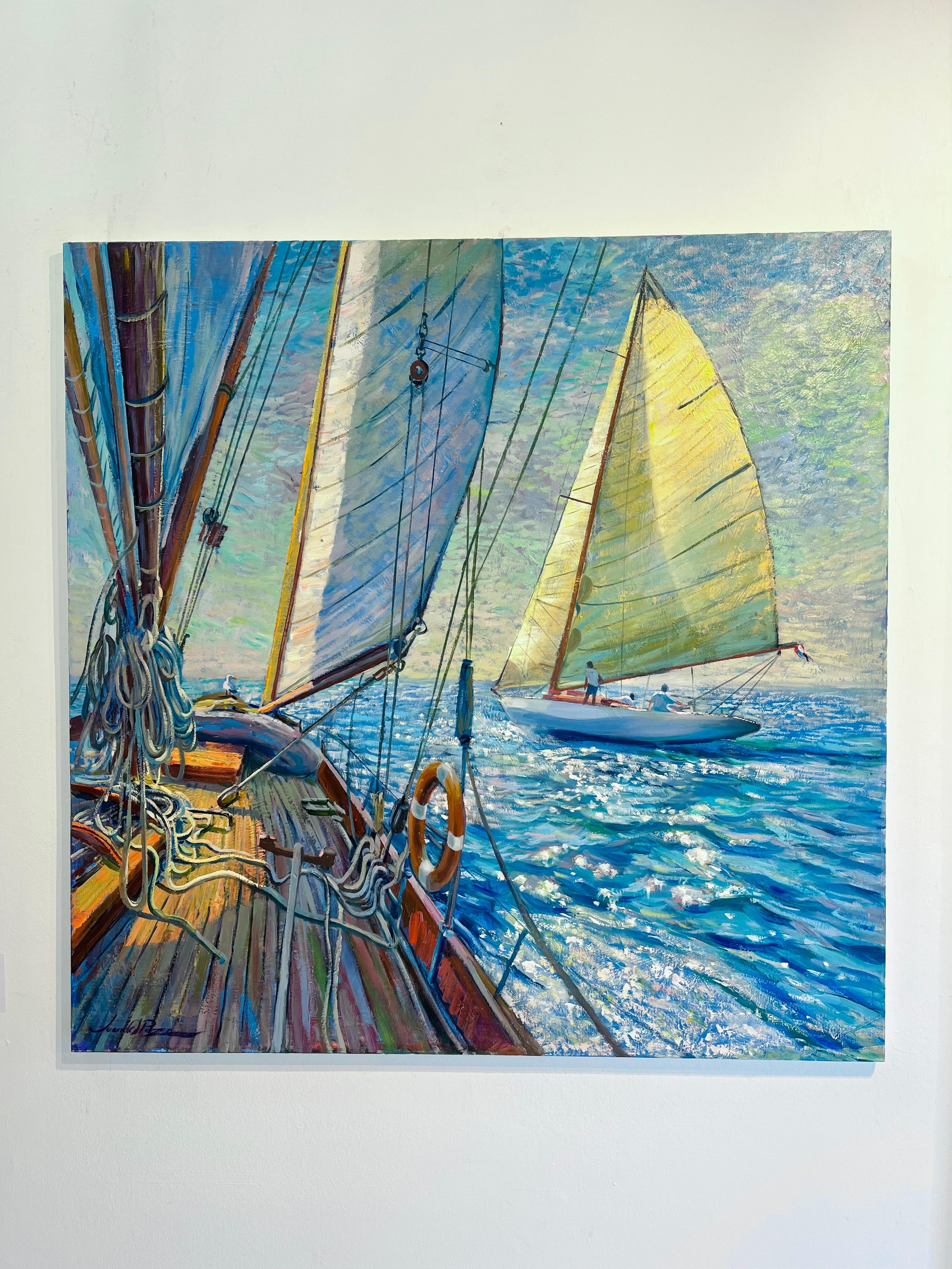 Mare splendente- impressionismo originale paesaggio marino vela pittura ad olio- arte contemporanea - Painting di Juan del Pozo