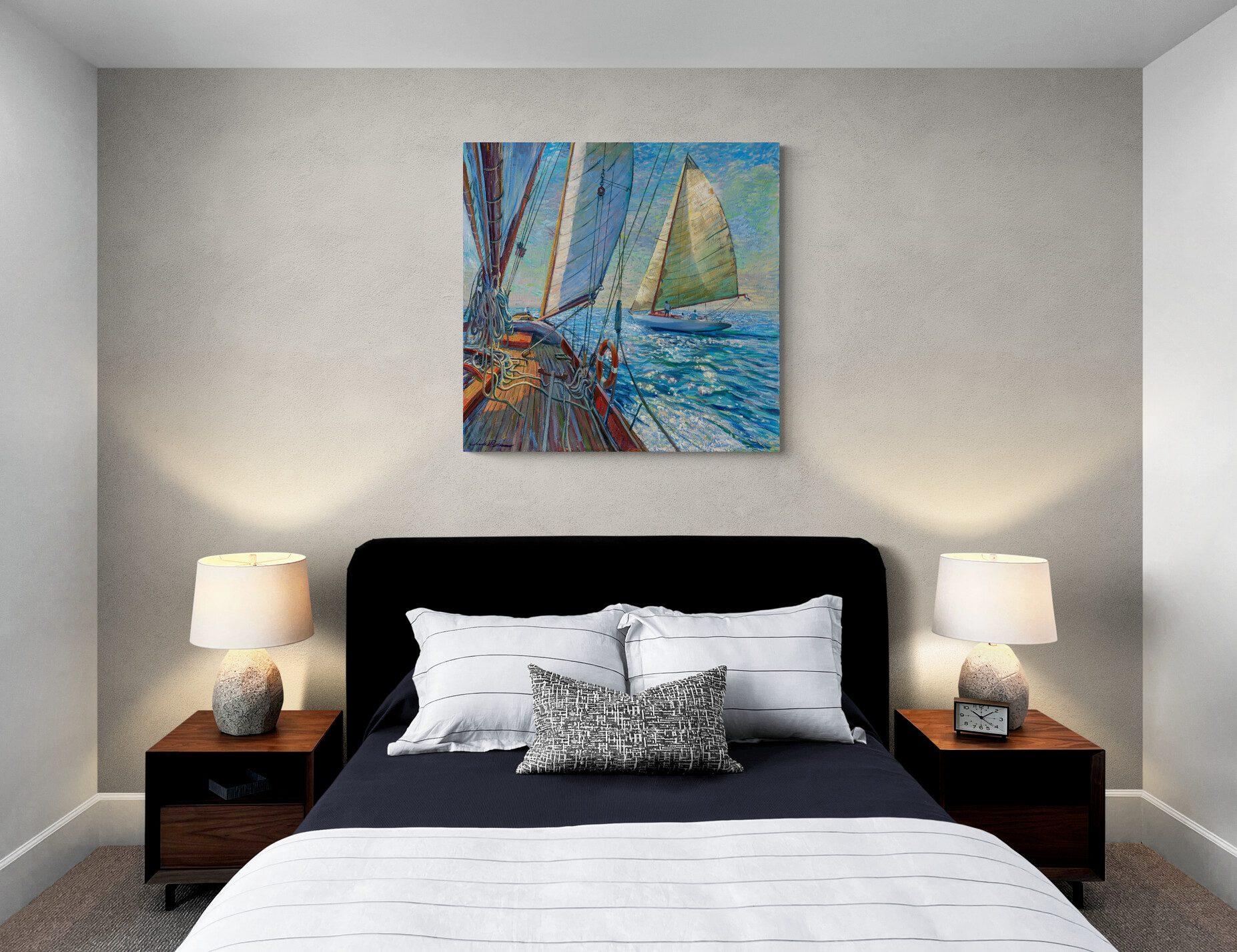 Mare splendente- impressionismo originale paesaggio marino vela pittura ad olio- arte contemporanea - Landscape Painting Blu di Juan del Pozo