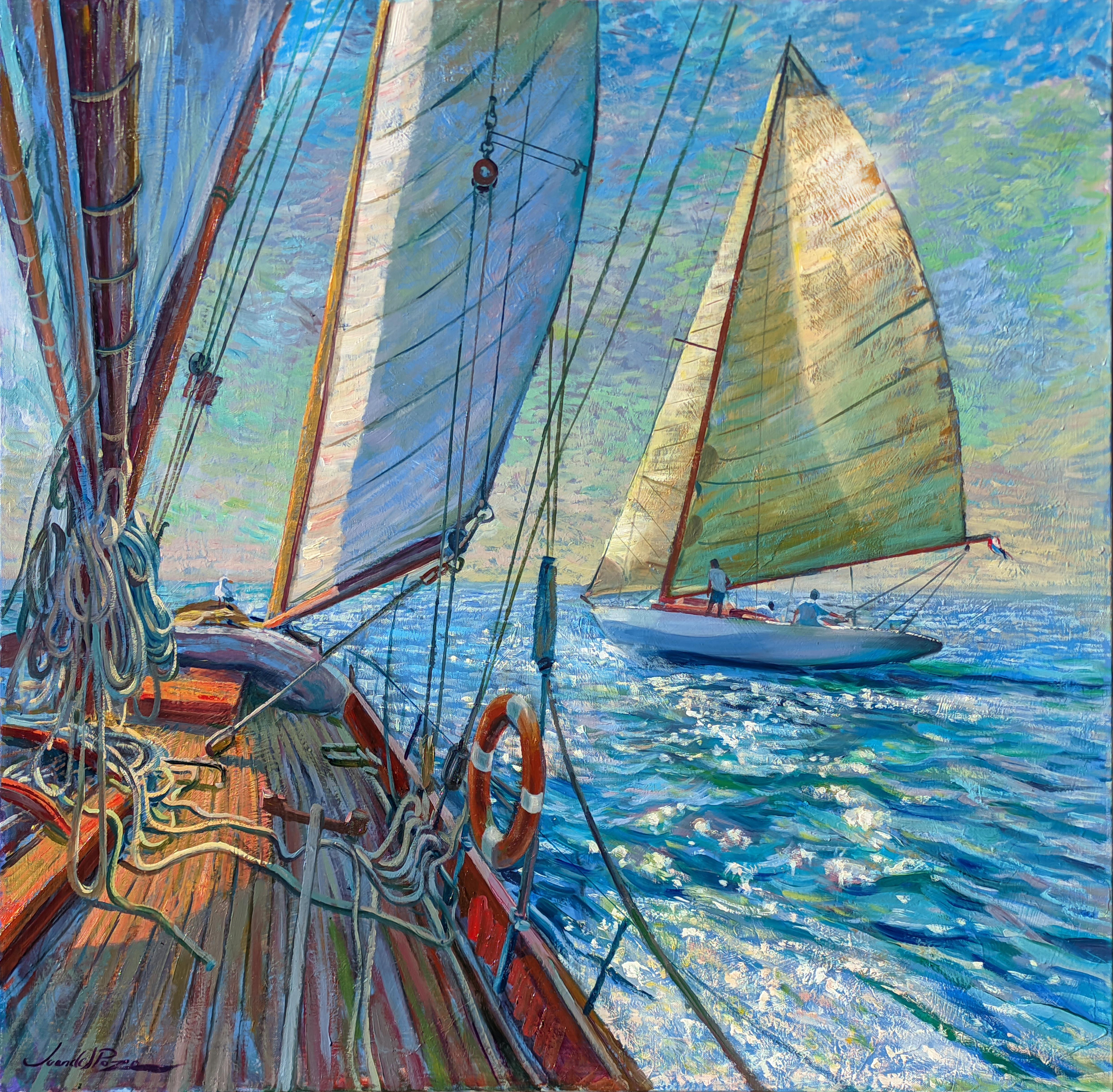 Juan del Pozo Figurative Painting - Shining Sea-original impressionism seascape sail oil painting- contemporary art