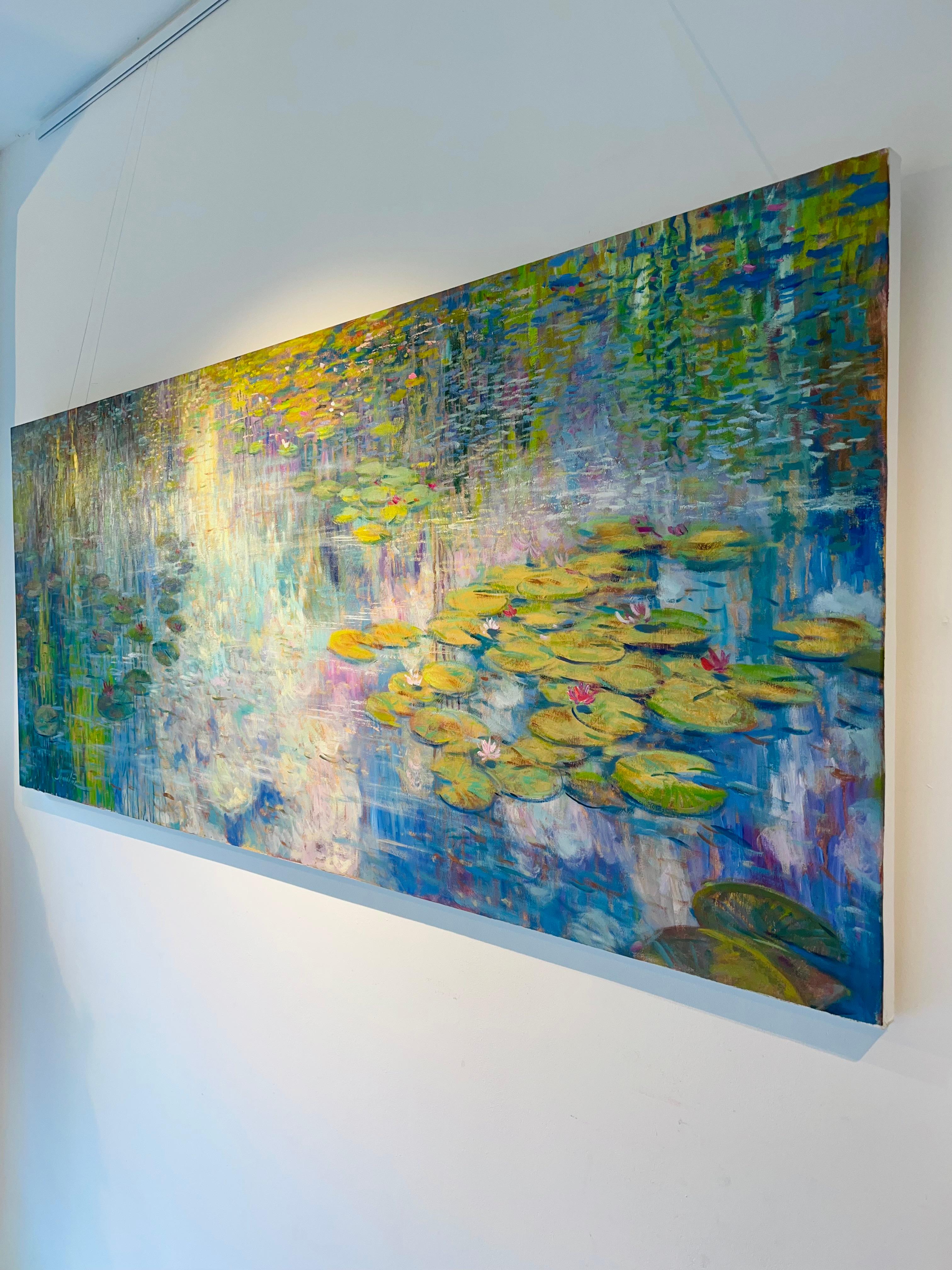 Sky Mirror-originale Impressionismus Seerose Landschaft Malerei-zeitgenössische Kunst (Grau), Landscape Painting, von Juan del Pozo