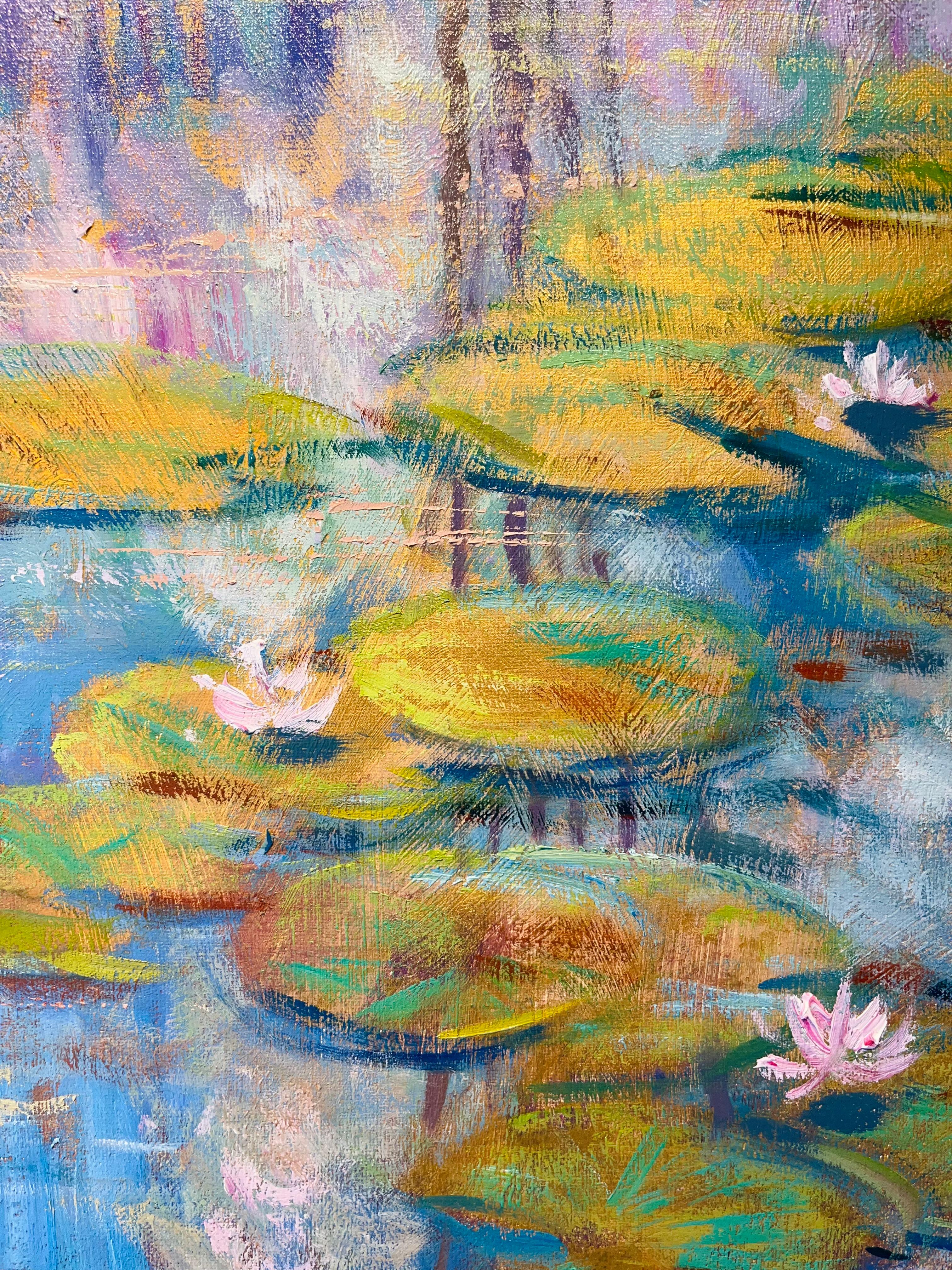 Sky Mirror-original impressionism waterlily landscape painting-contemporary art - Gray Landscape Painting by Juan del Pozo