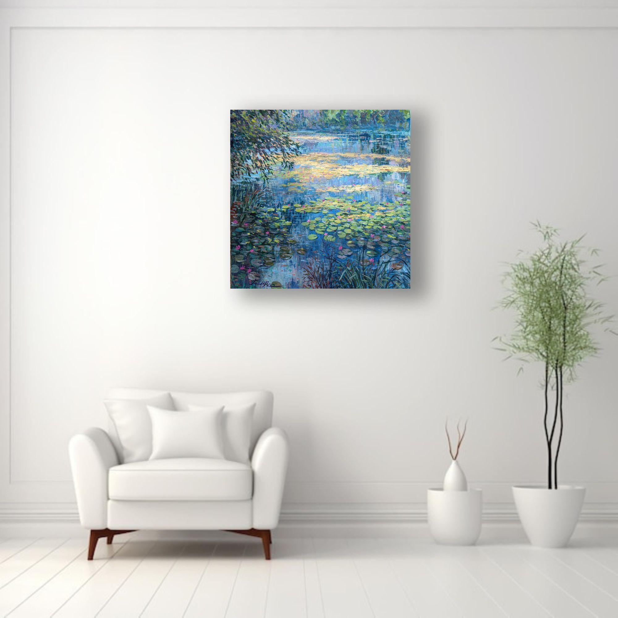 Stackpole Ninfee - pittura ad olio originale dell'impressionismo con paesaggio acquatico - arte moderna - Painting di Juan del Pozo