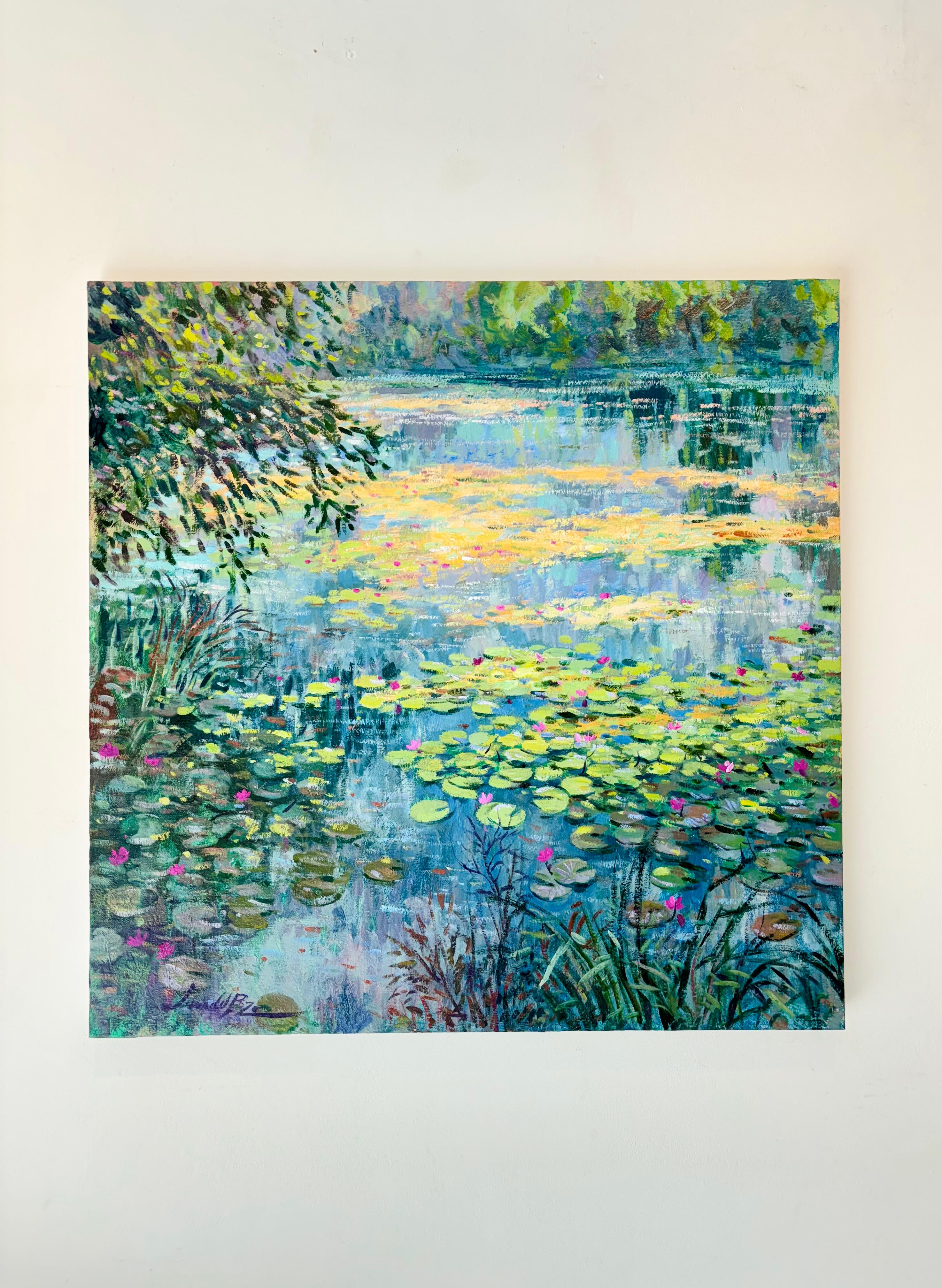Stackpole Ninfee - pittura ad olio originale dell'impressionismo con paesaggio acquatico - arte moderna - Painting Impressionismo di Juan del Pozo