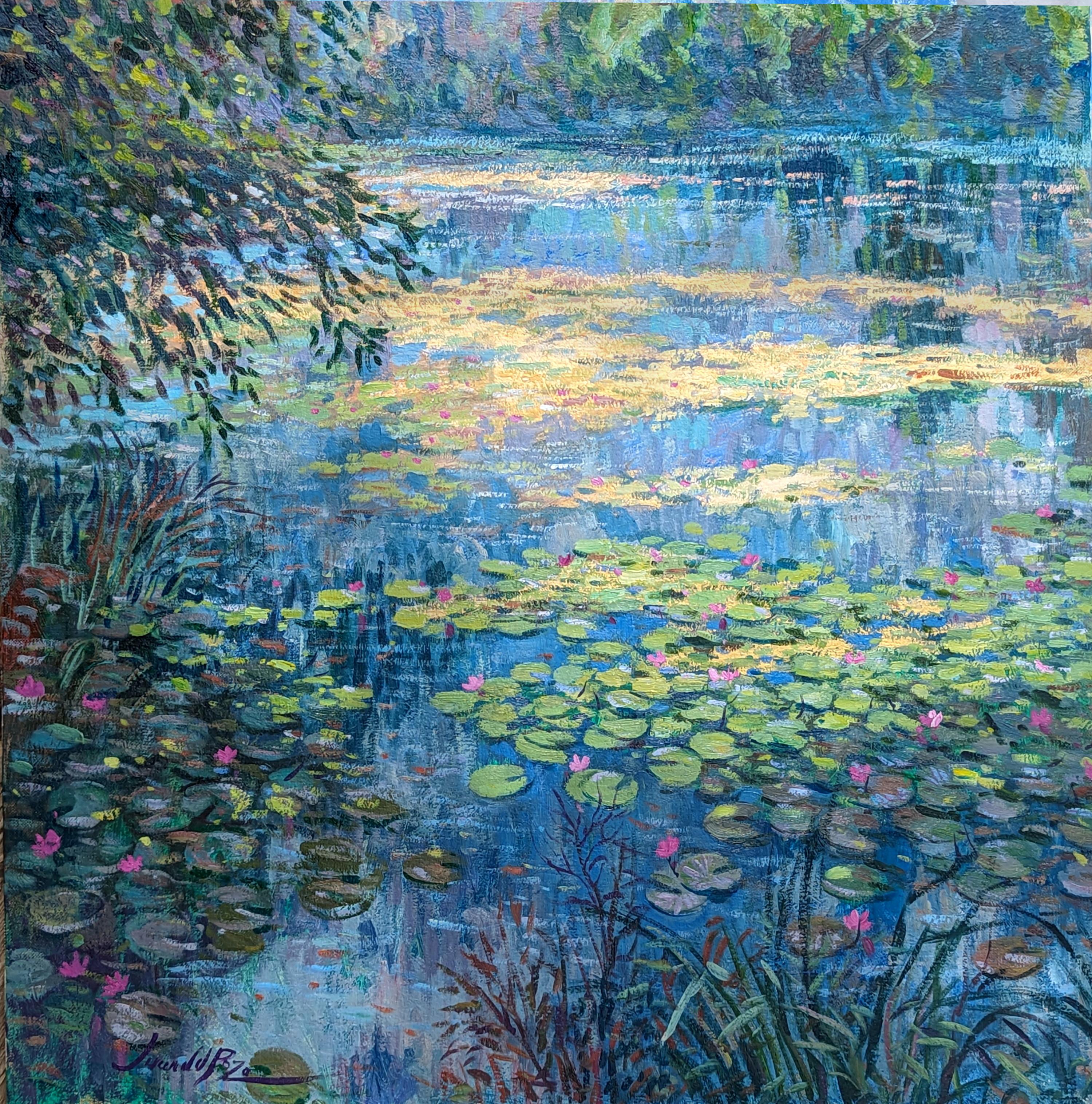 Still-Life Painting di Juan del Pozo - Stackpole Ninfee - pittura ad olio originale dell'impressionismo con paesaggio acquatico - arte moderna