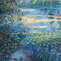 Stackpole Water lilies-original impressionism waterscape oil painting-modern art