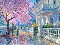 Stucco House Blossoms - peinture à l'huile contemporaine originale d'un paysage urbain