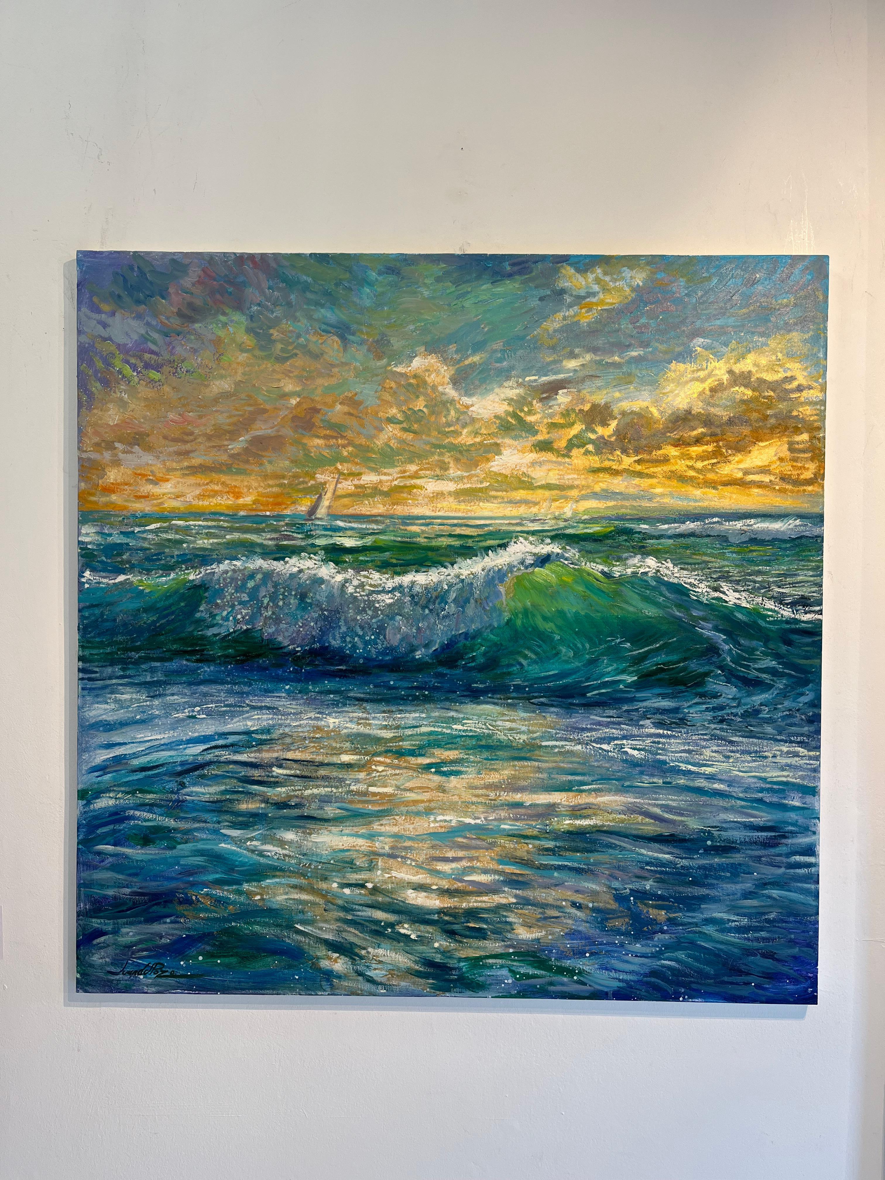 Sunrise Wave-original impressionism seascape oil painting-contemporary Artwork - Painting by Juan del Pozo