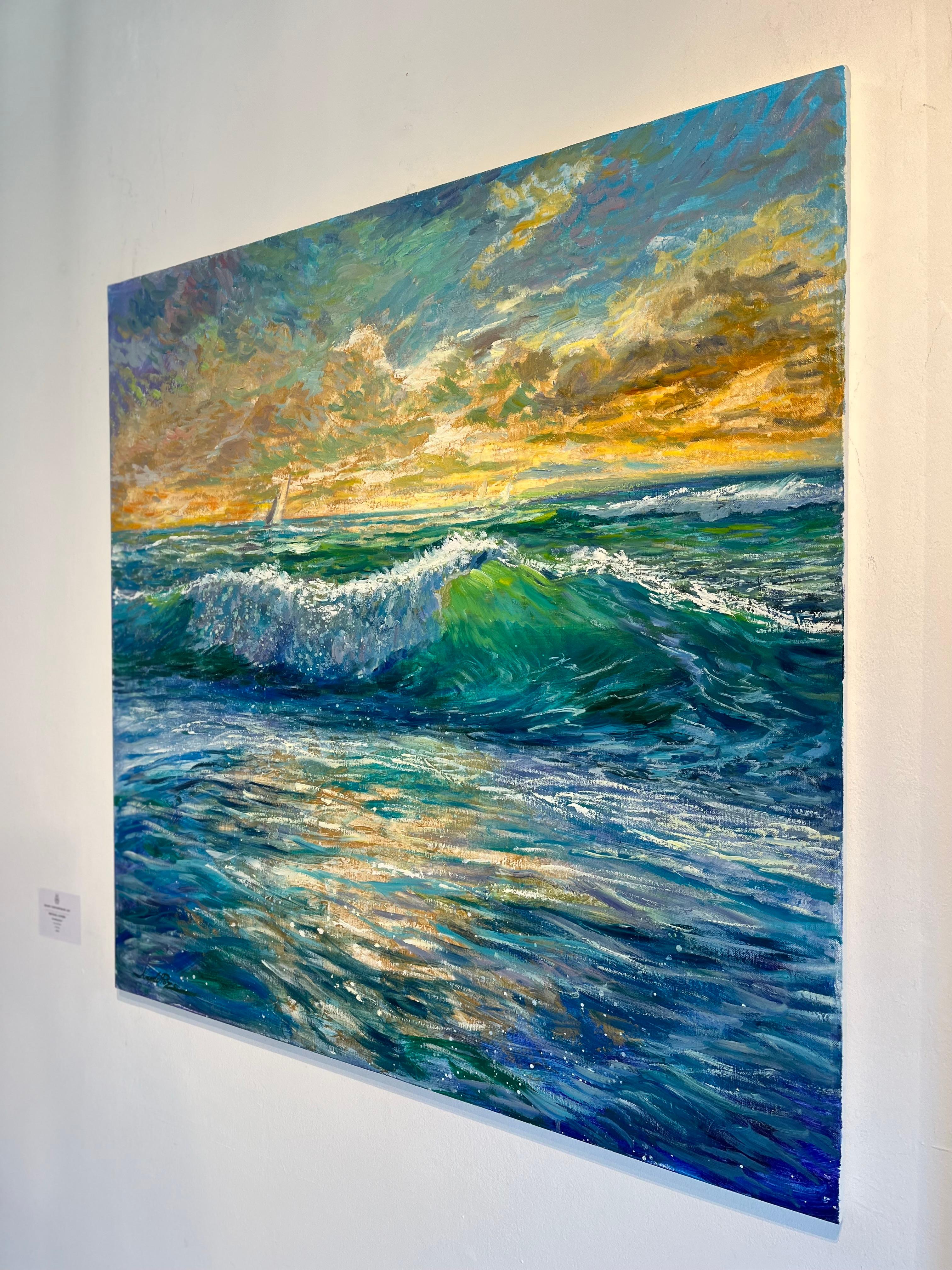 Sunrise Wave-original impressionism seascape oil painting-contemporary Artwork - Impressionist Painting by Juan del Pozo