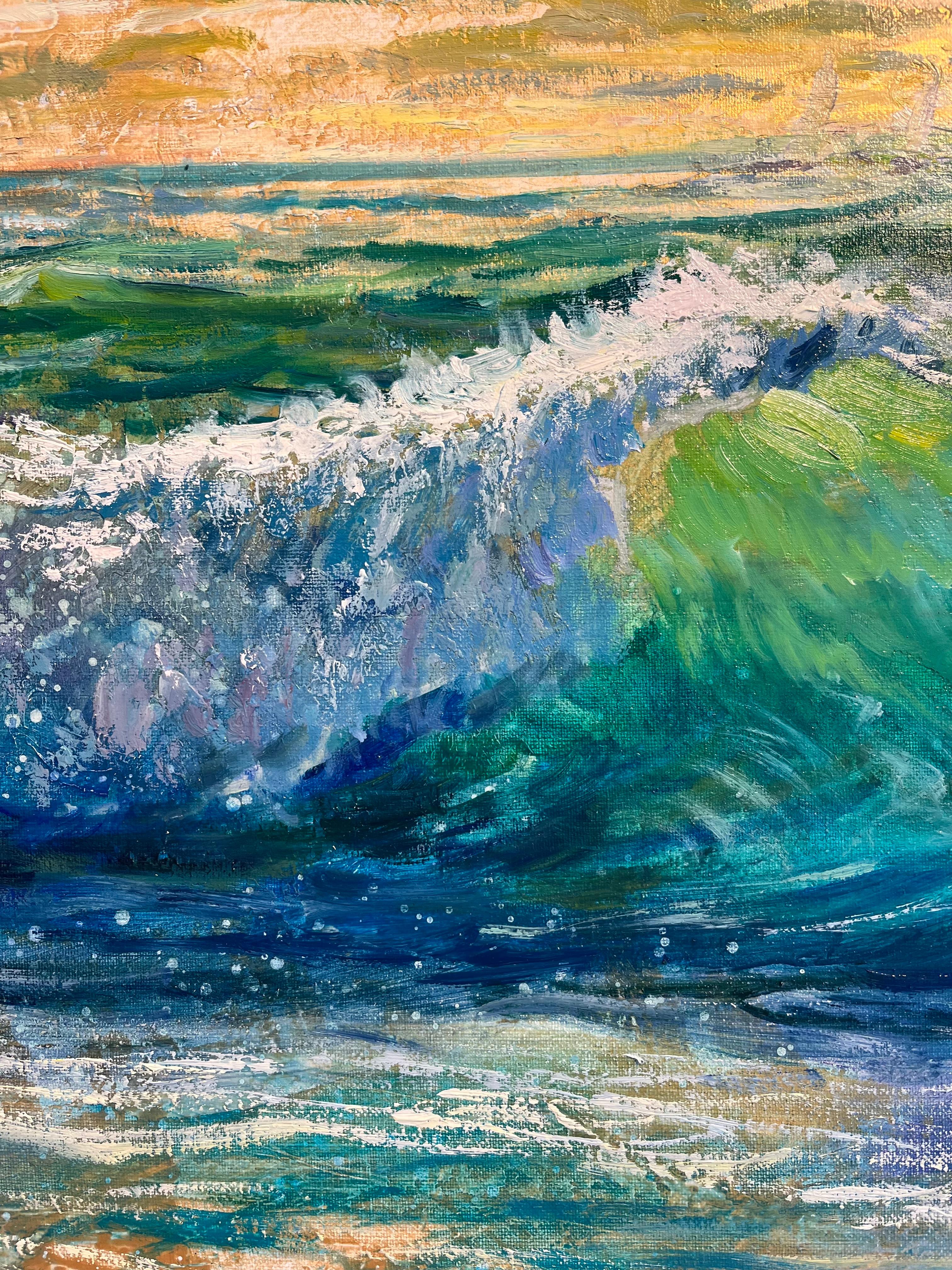 Sunrise Wave-original impressionism seascape oil painting-contemporary Artwork - Bleu Figurative Painting par Juan del Pozo