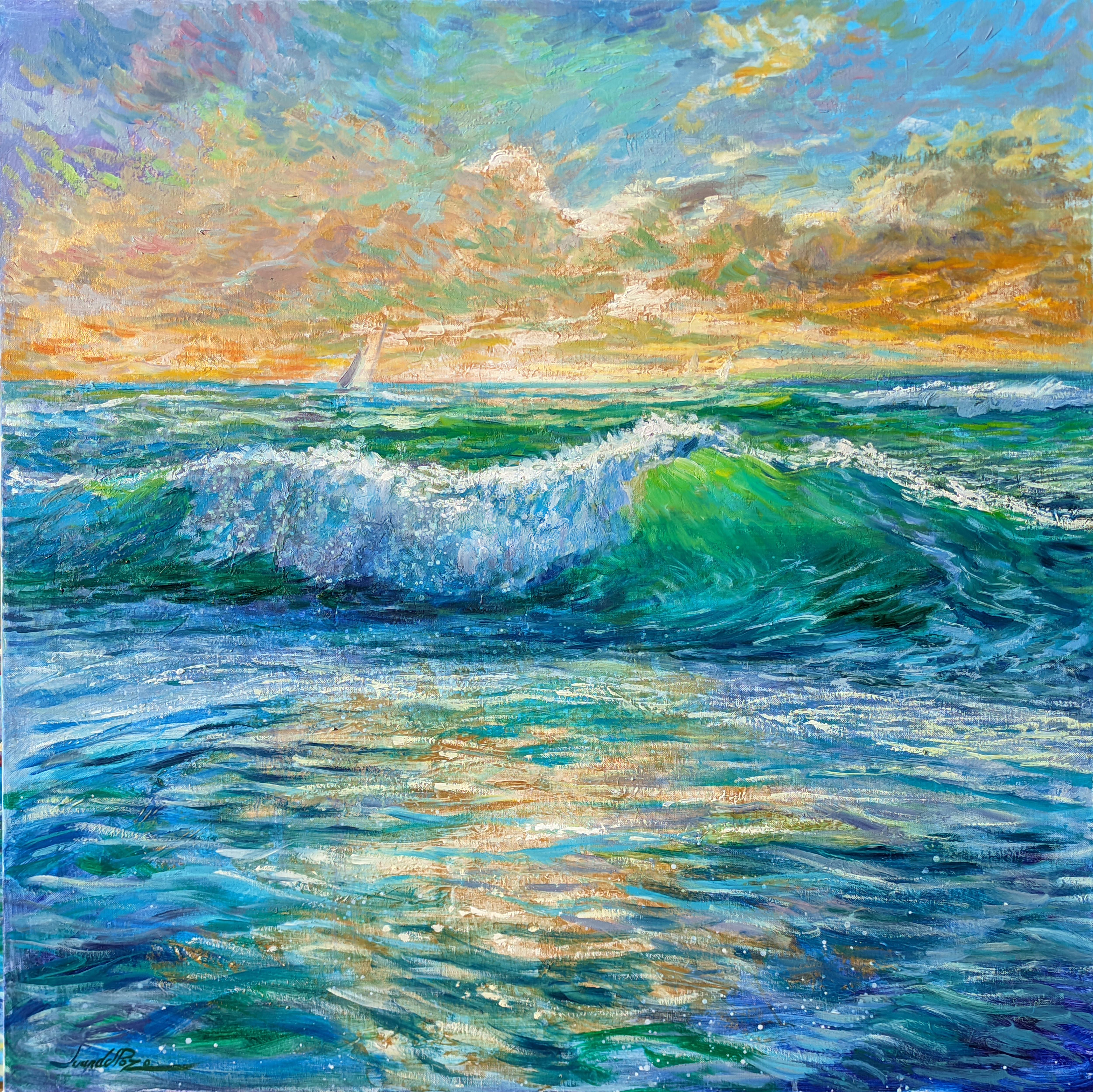 Figurative Painting Juan del Pozo - Sunrise Wave-original impressionism seascape oil painting-contemporary Artwork