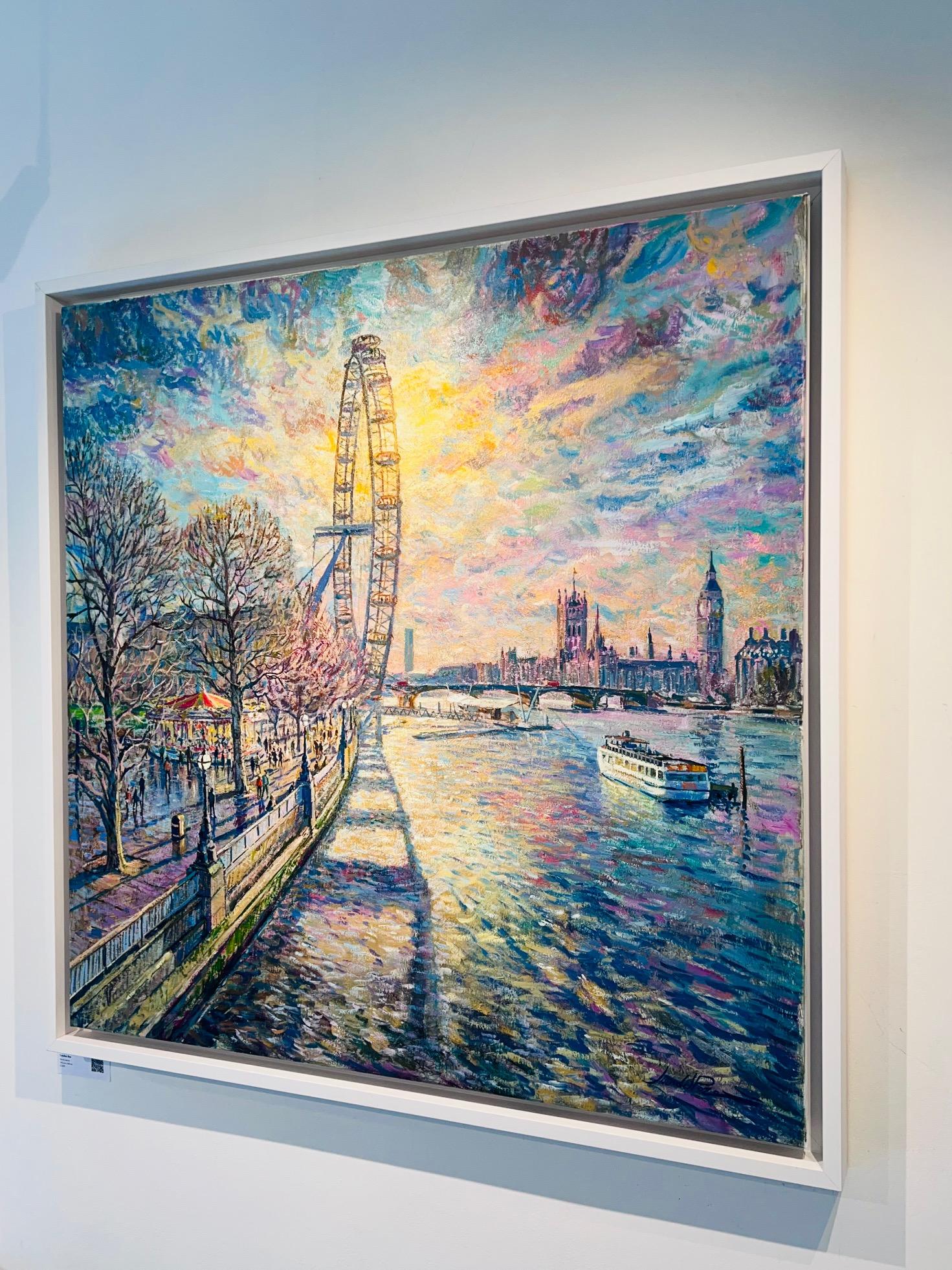 Der Schatten des London Eye - Original Ölgemälde Stadtbild - zeitgenössisches Kunstwerk (Grau), Landscape Painting, von Juan del Pozo