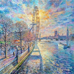 L'ombre du London Eye - peinture à l'huile originale de paysage urbain-œuvre d'art contemporain