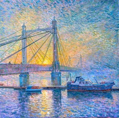 The Sun on Albert Bridge-original cityscape oil painting - impressionist artwork